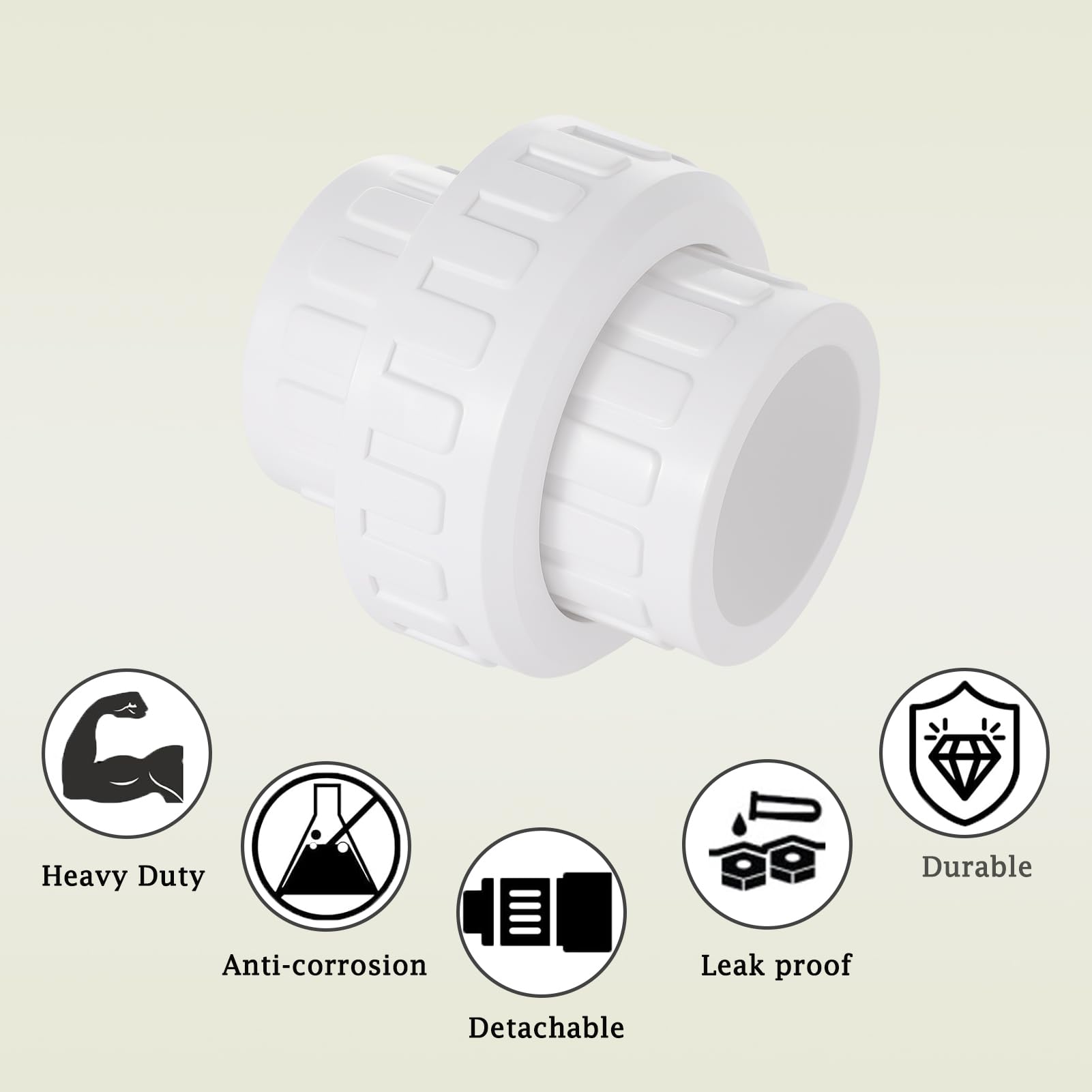 1" PVC Union Coupling Pipe Fitting, PVC Adapter (Socket X Socket), 1" Slip Union Schedule 40, EPDM O-Ring, White (2 Pack