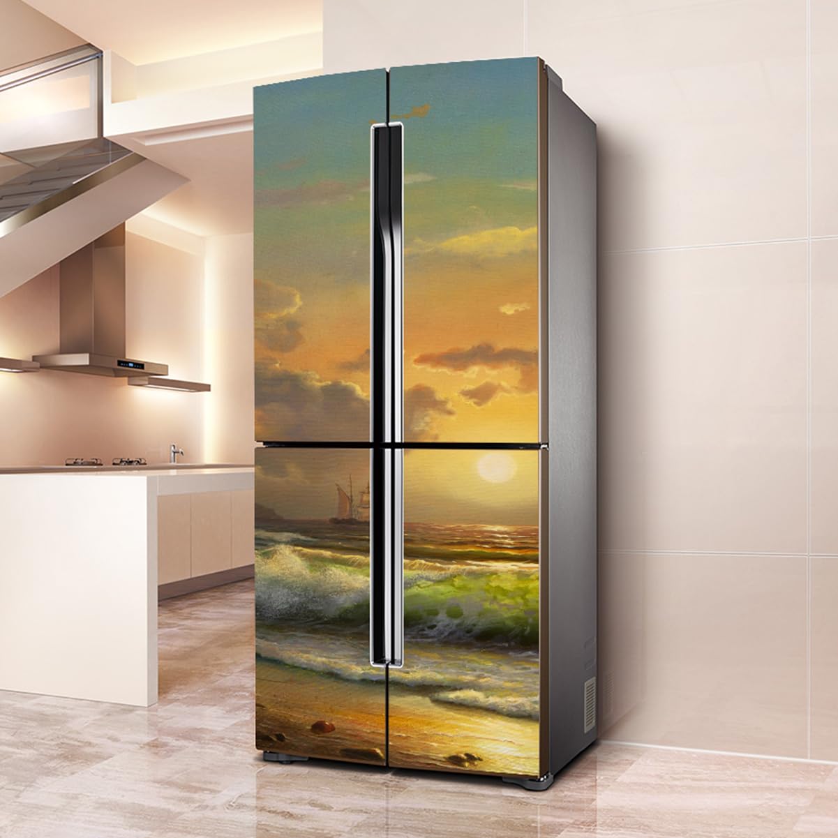 Fridge Stickers, Full Covering, Freezer Skins Wall Stickers for Kitchen Decal, Sea Wave Sailboat Sunset Scenery