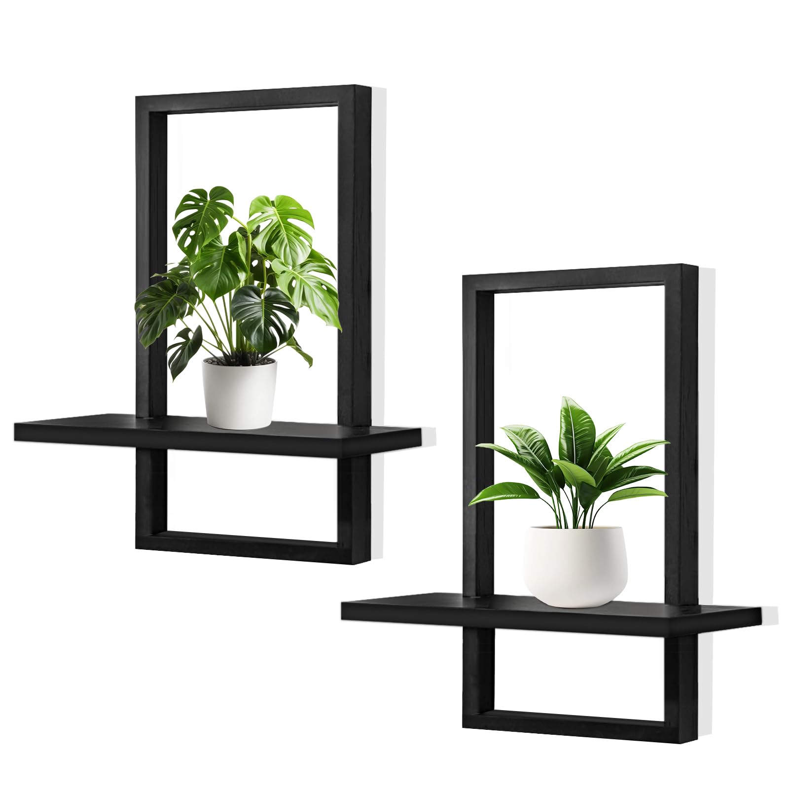 YiYa 2 Pcs Wood Shelves for Wall Decor Modern Boho Wall Shelf Wood Floating Shelf Bohemian Hanging Shelf Display Shelving for Hanging Plants Photo for Living Rooms Bathroom (Black)