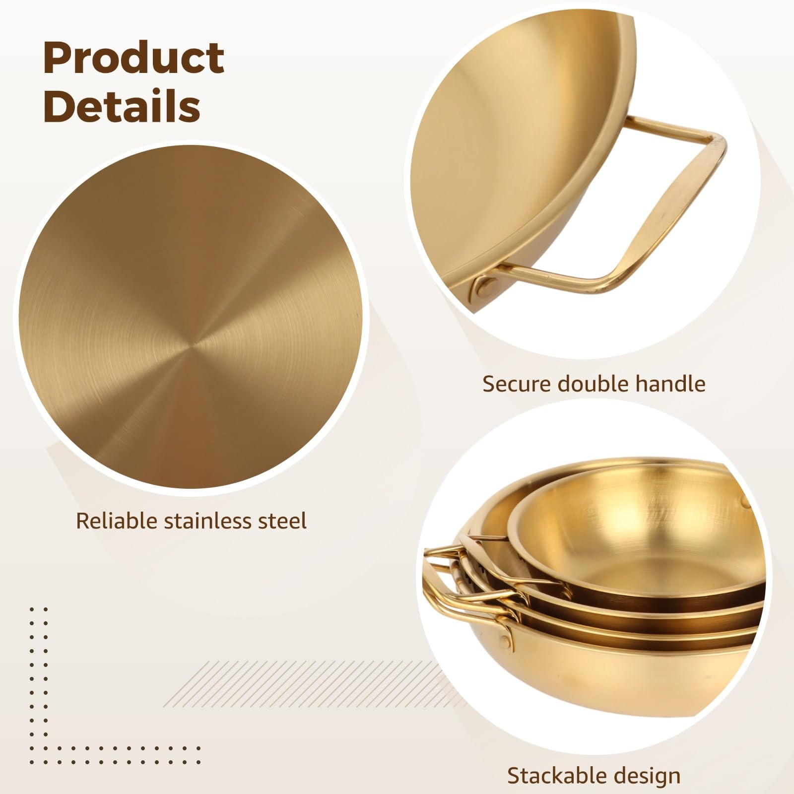 Koreanisches Ramen-Topf-Set, 4 Stück, goldene Edelstahltöpfe, stapelbar, 18 - 25,9 cm, für Suppe, Nudeln und Nudeln