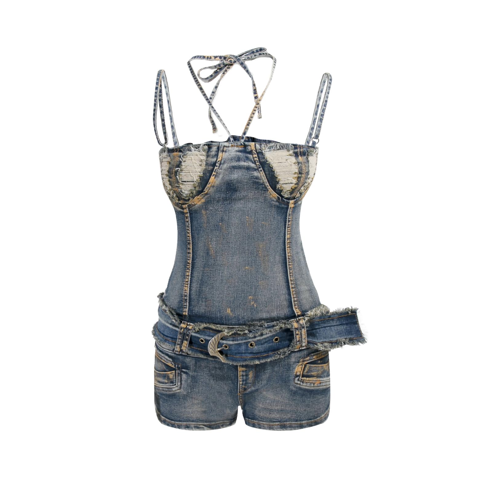 Damskie dżinsowe pajacyki z rękawami Sexy Bodycon Distressed Podarte paski Y2k Krótkie kombinezony dżinsowe