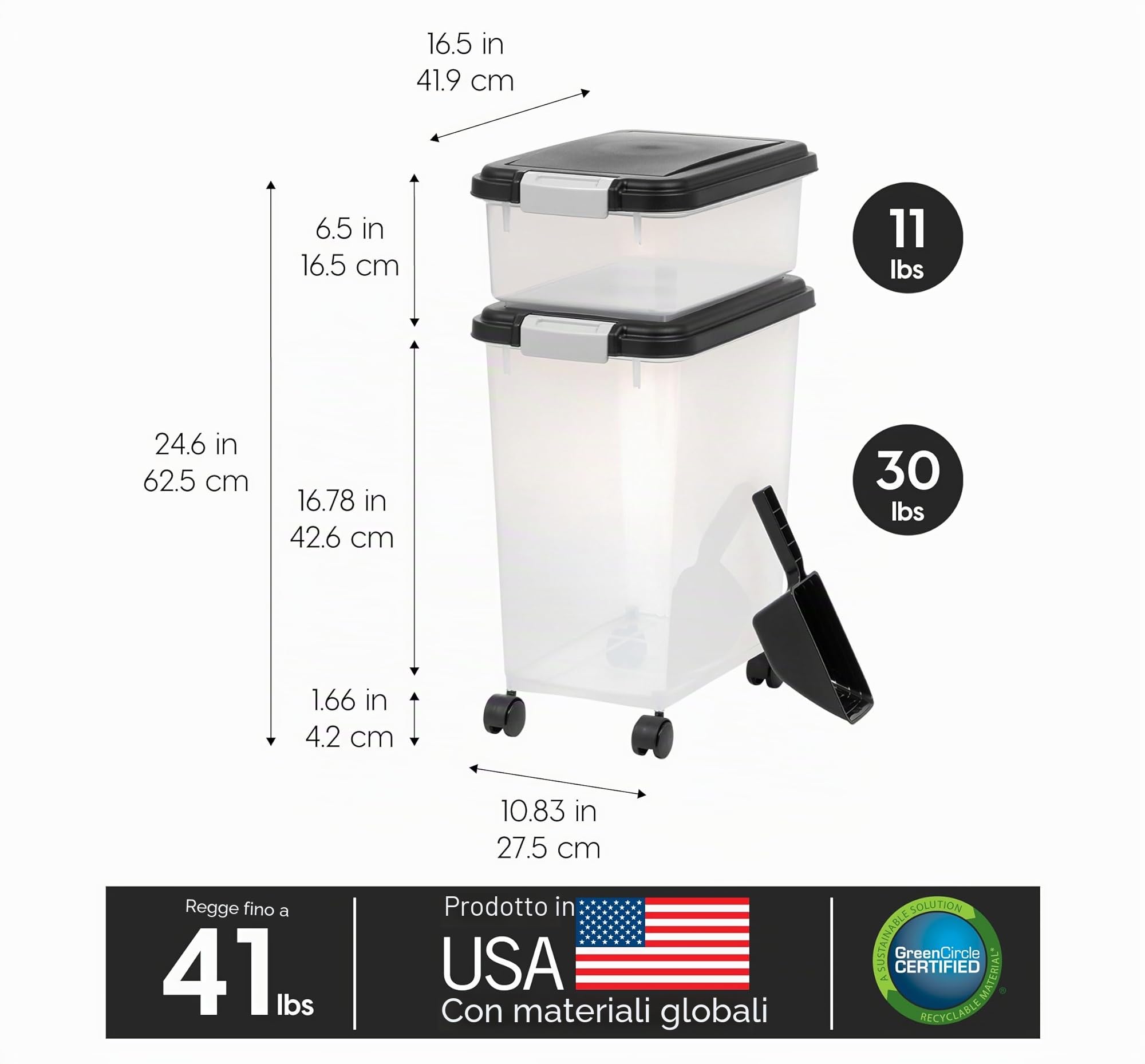 Iris Ohyama, Contenitore per Crocchette Ermetico, 30L+10L, Nero, Ermetici, Plastica, con Coperchio, Per Cibo per Gatti, Cani, Cibo secco, Crocchette, Dolci, MP-8&MP-1