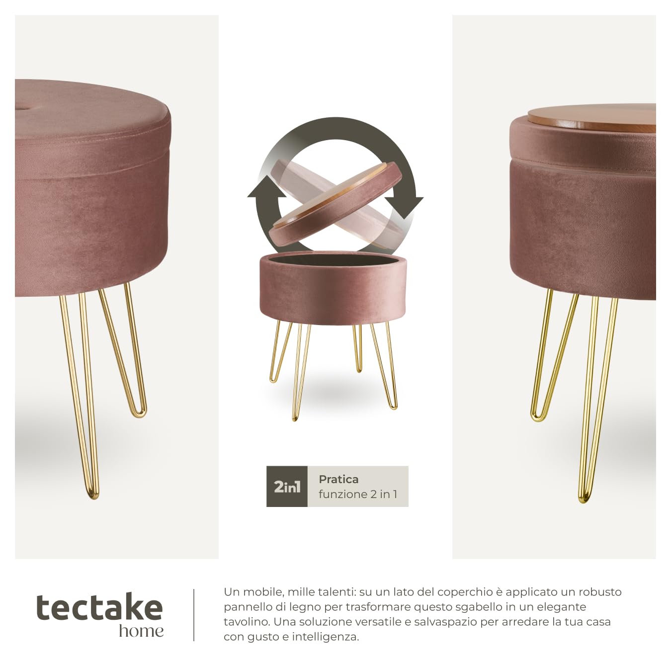 tectake® Sgabello Rotondo Vellutato, Pouf Contenitore, Effetto Velluto, Pouf Poggiapiedi, Grande Scomparto Interno, Pouf Letto, Gambe Oro Scintillanti, Capacità Massima 300 kg - Rosa