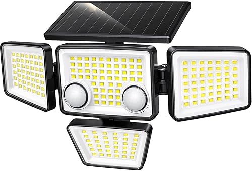 Luces solares para exteriores 3000 lm, 188 luces LED con sensor de movimiento, 4 cabezales IP65, luces de inundación de seguridad alimentadas a