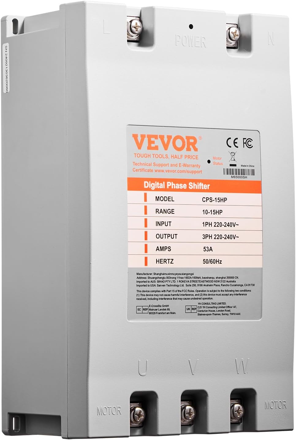 VEVOR 3 Phase Converter - 15HP 53A 220V Single Phase to 3 Phase Converter, 220V-240V Input/Output, Digital Phase Shifter for Residential & Light Commercial Use (One Converter for One Motor Only) 15HP/53A
