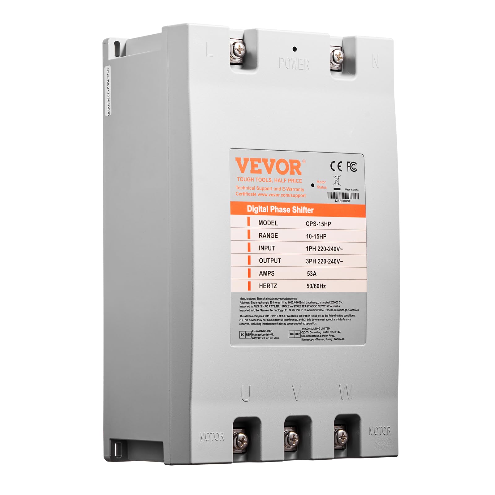VEVOR 3 Phase Converter - 15HP 53A 220V Single Phase to 3 Phase Converter, 220V-240V Input/Output, Digital Phase Shifter for Residential & Light Commercial Use (One Converter for One Motor Only)