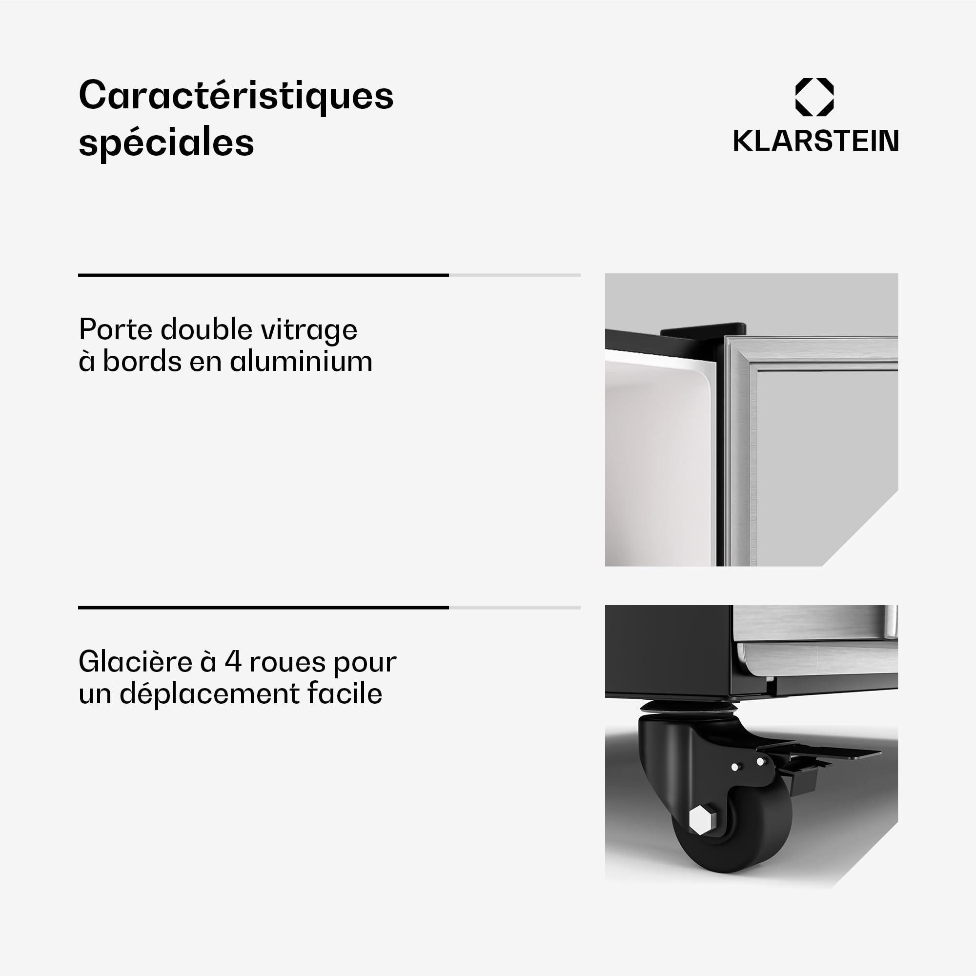 KLARSTEIN GrandCooler 306 L Réfrigérateur à Boissons - Vitrine Réfrigérée avec Porte Double Vitrage, Porte aluminium, Éclairage LED Blanc/Bleu, Thermostat 0°C à 10°C, 4 Étagères, Roues Pivotantes