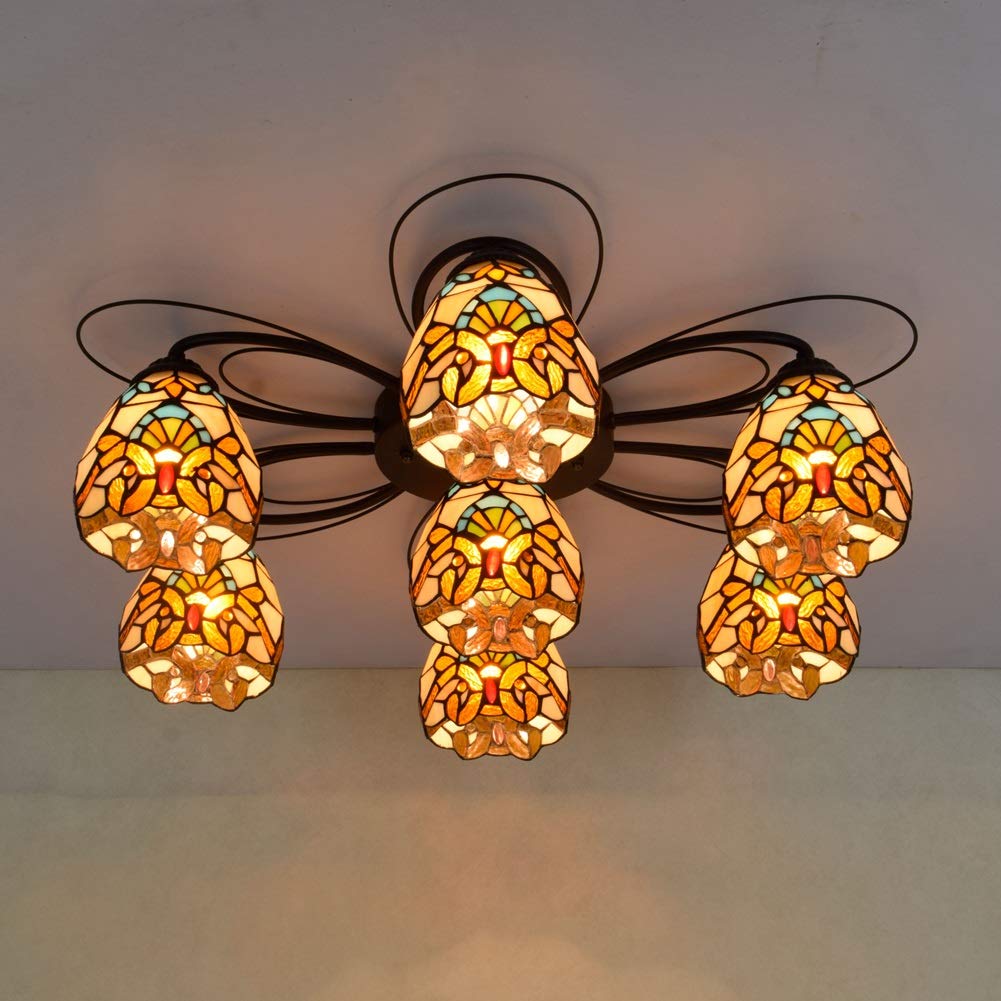 Żyrandol Tiffany barokowy prosty witraż lampa 7 wielogłowicowa lampa sufitowa jadalnia sypialnia salon lampa sufitowa