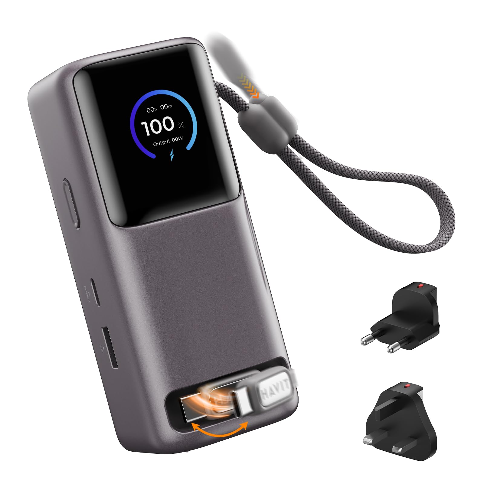 Havit Powerbank 10000mAh 65W Schnellladung mit USB-C Kabel, Compatible with iPhone 17/16/15 Series, Samsung Galaxy S25 Ultra, MacBook, Dell Laptop and More, Reiseladegerät mit US/EU/UK Stecker