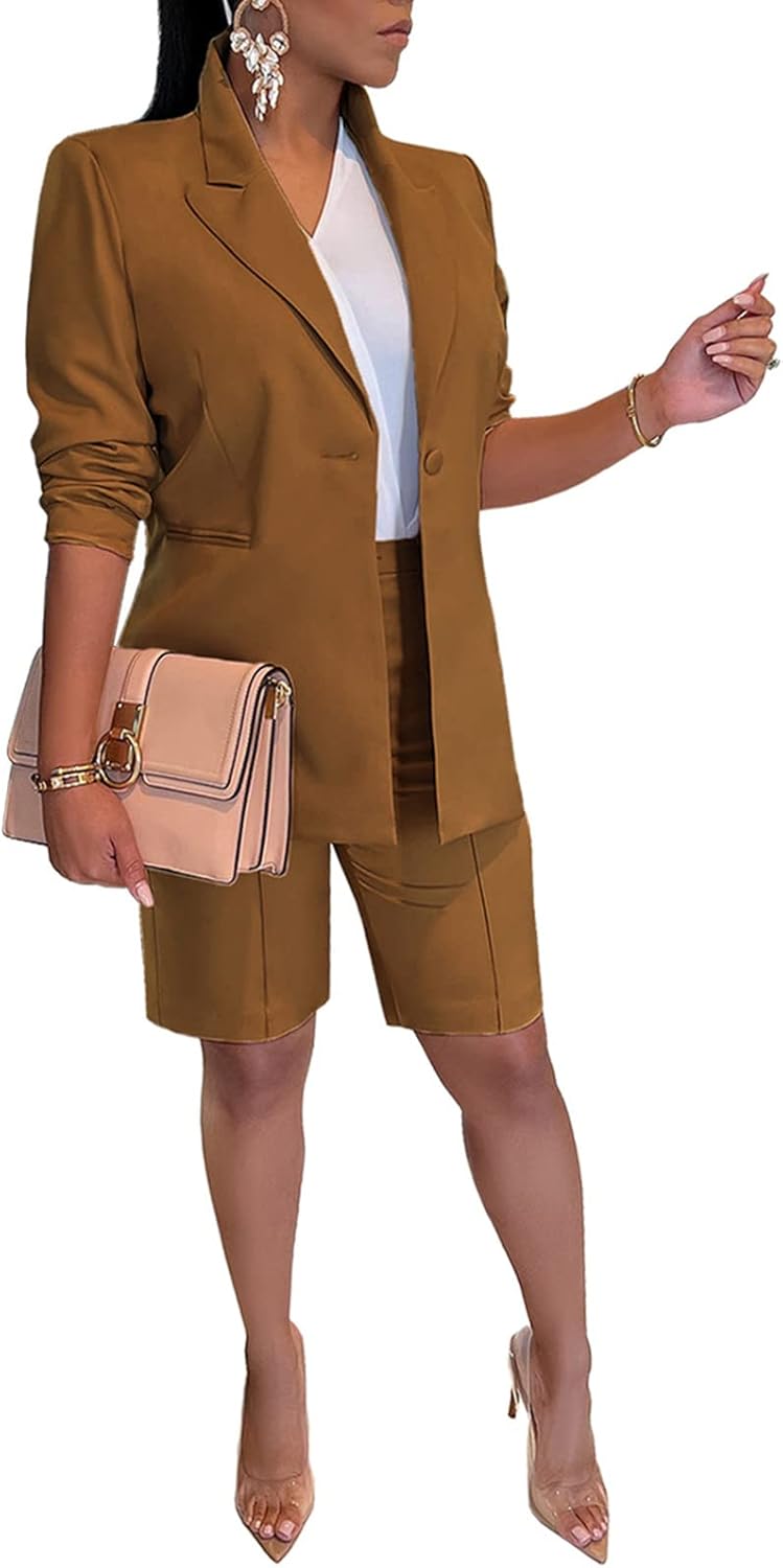 Blazer Shorts Set for Women Two Piece Outfits One Button Up Jacket and Bermuda Short Suits