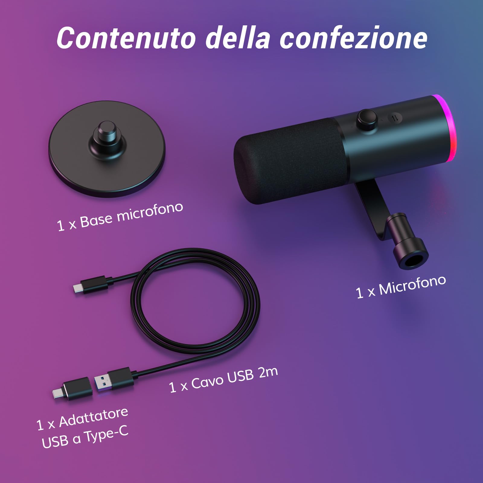 TONOR Microfono Gaming Dinamico per PC, Microfono Cardioide Streaming XLR/USB con supporto da tavolo per Podcasting/Studio, Cancellazione Rumore IA,RGB Controllabile,Jack Cuffie 3,5 mm,Nero,TD510 AIR