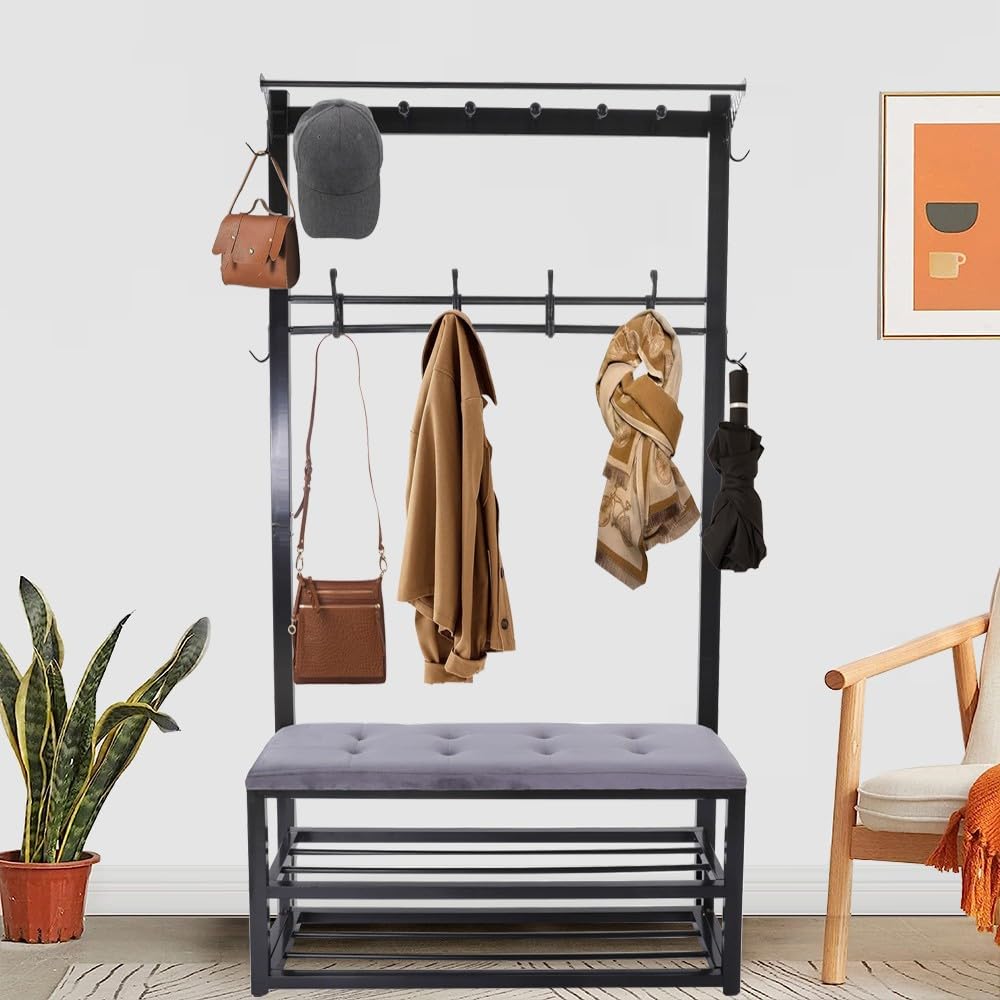 Panca industriale 5 in 1, appendiabiti con ganci e scarpe, versatile