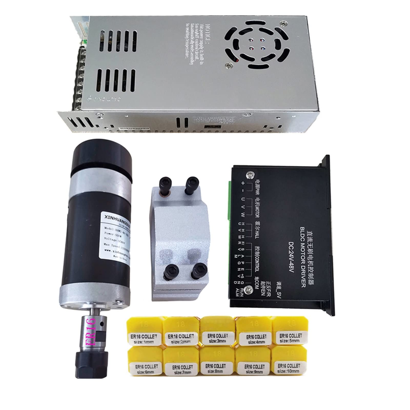 Mooilko Package8 Er16 48V 500W Er16 Brushless Spindle+57Mm Clamp With Screws+ 48V Brushless Motor Driver+48Vdc 10.5A Power Supply Smooth Running(Package8 Er16)