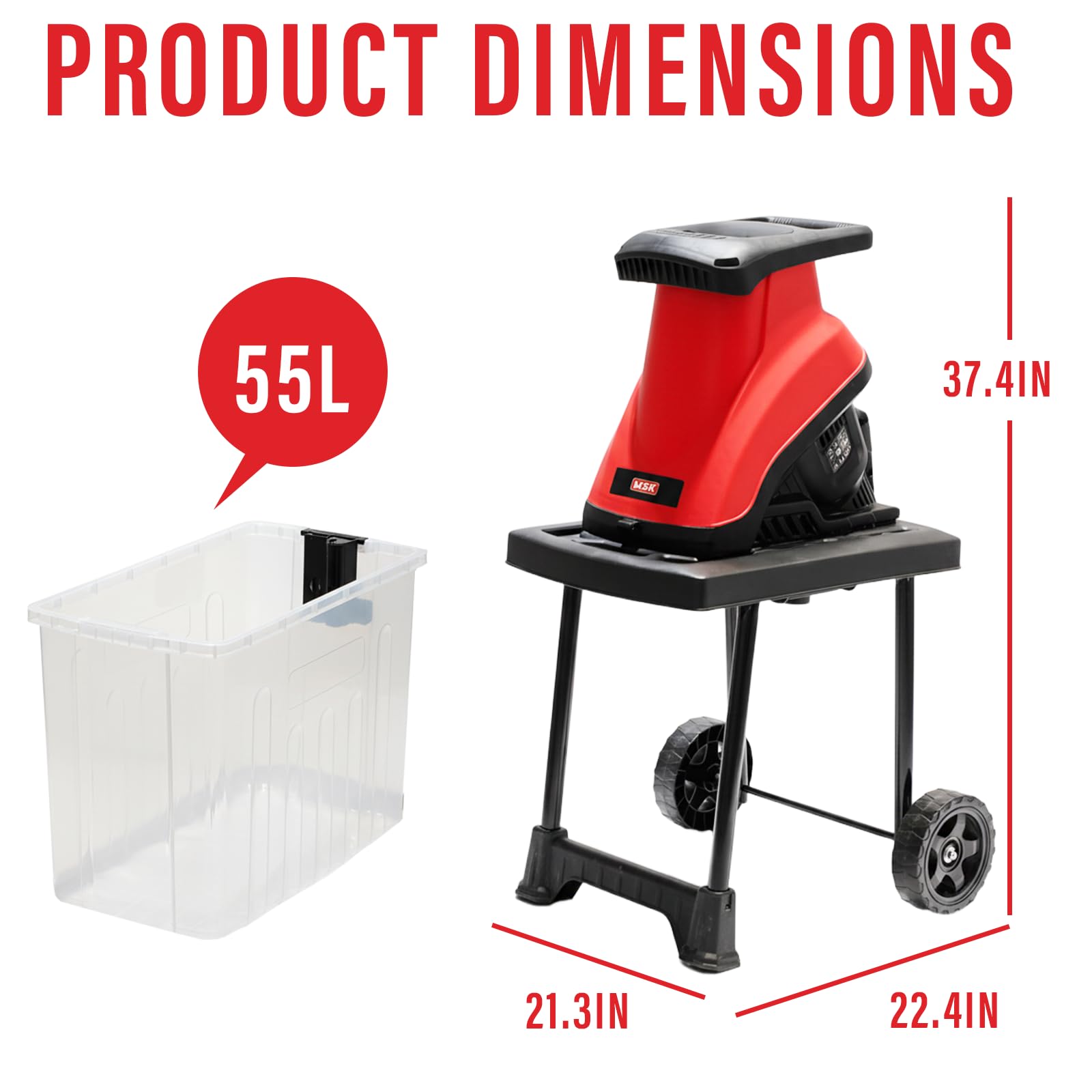 MZK 15 Amp Wood Chipper Shredder, Electric Mulcher Chipper Shredder with 55L Collecting Bin,1.8 Inch Cutting Diameter or Mulching, Composting and Yard Cleanup - Detailed View