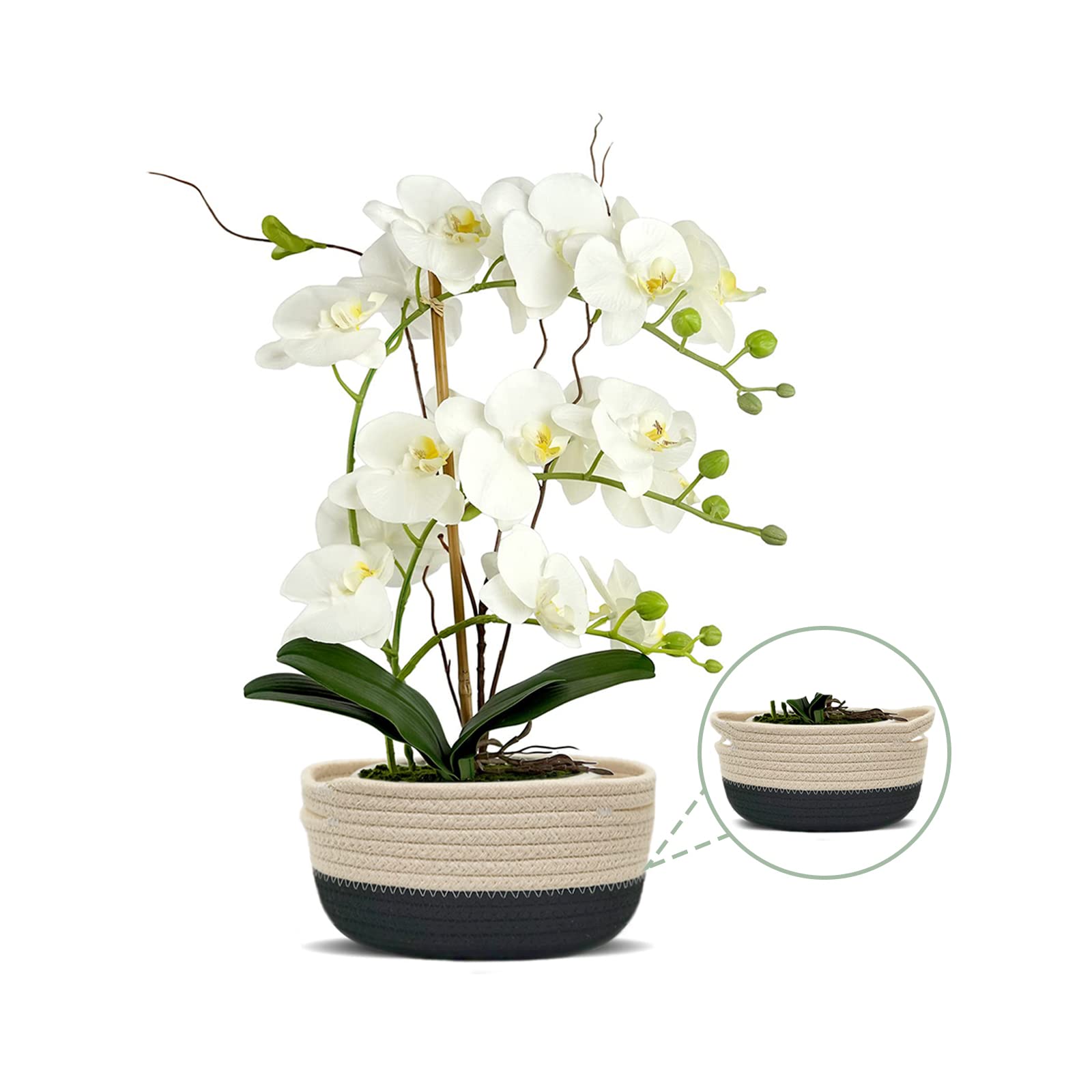 Fopxro Artificial Orchid in Ceramic Vase with Woven Basket, Artificial Flowers for Decoration Home Office Table Decor