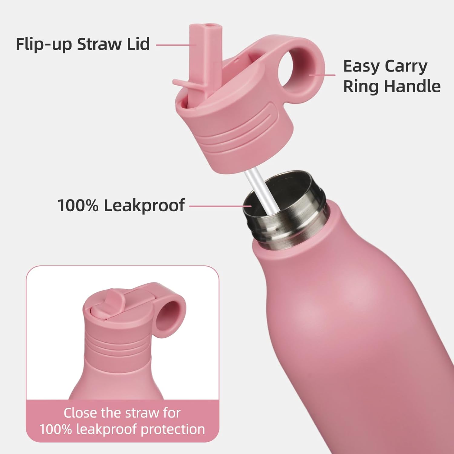 12oz Stainless Steel Water Bottle with Straw, Insulated Metal Travel Water Bottle, Reusable and Leak Proof, BPA Free, Double Wall Design, Pink - Image 3