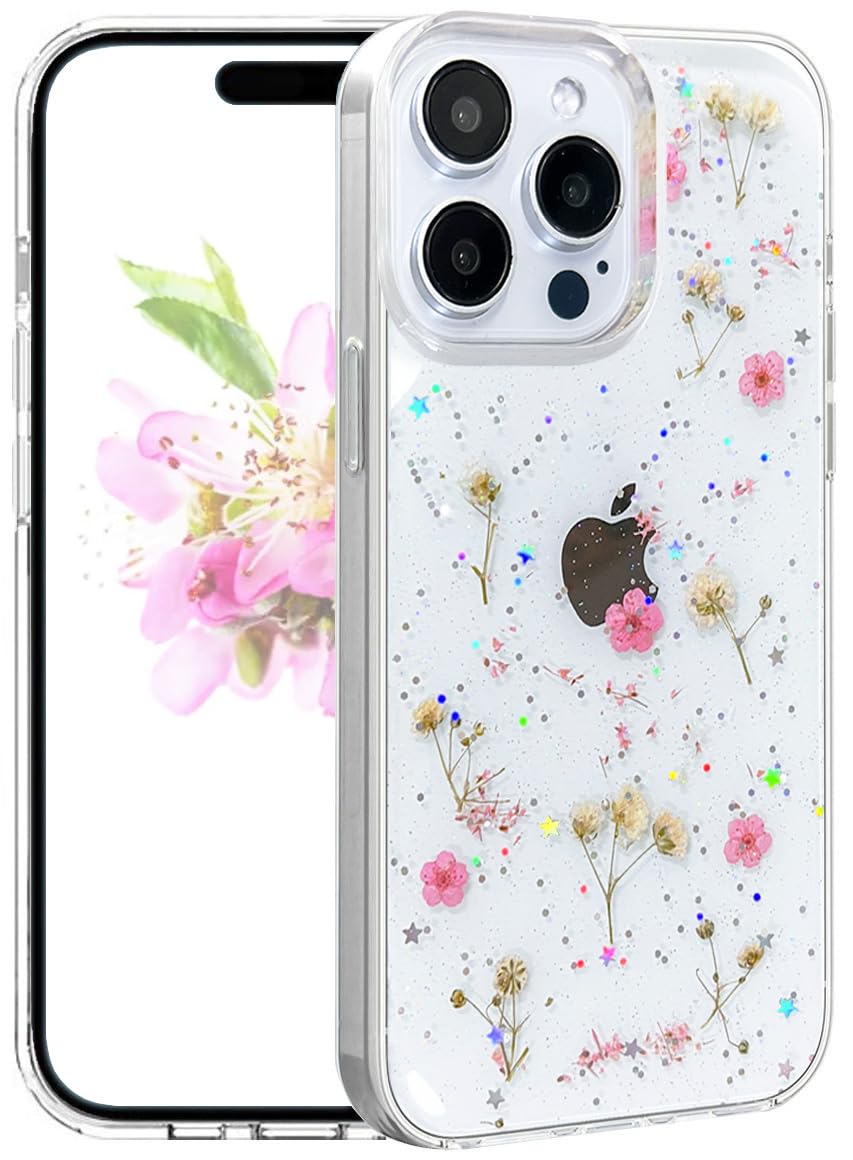 CEOKOK for iPhone 15 Pro Max Case Clear with Real Pressed Flowers Design Glitter Cute Sparkly Floral Pattern Slim Soft TPU Protective Women Girl's