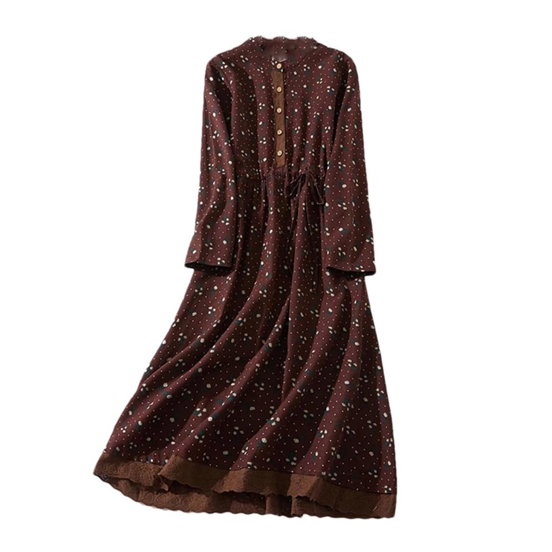 Vestido de retazos con estampado floral para mujer, de manga larga, cuello redondo, con cordón, casual, vestido midi, café, XXL