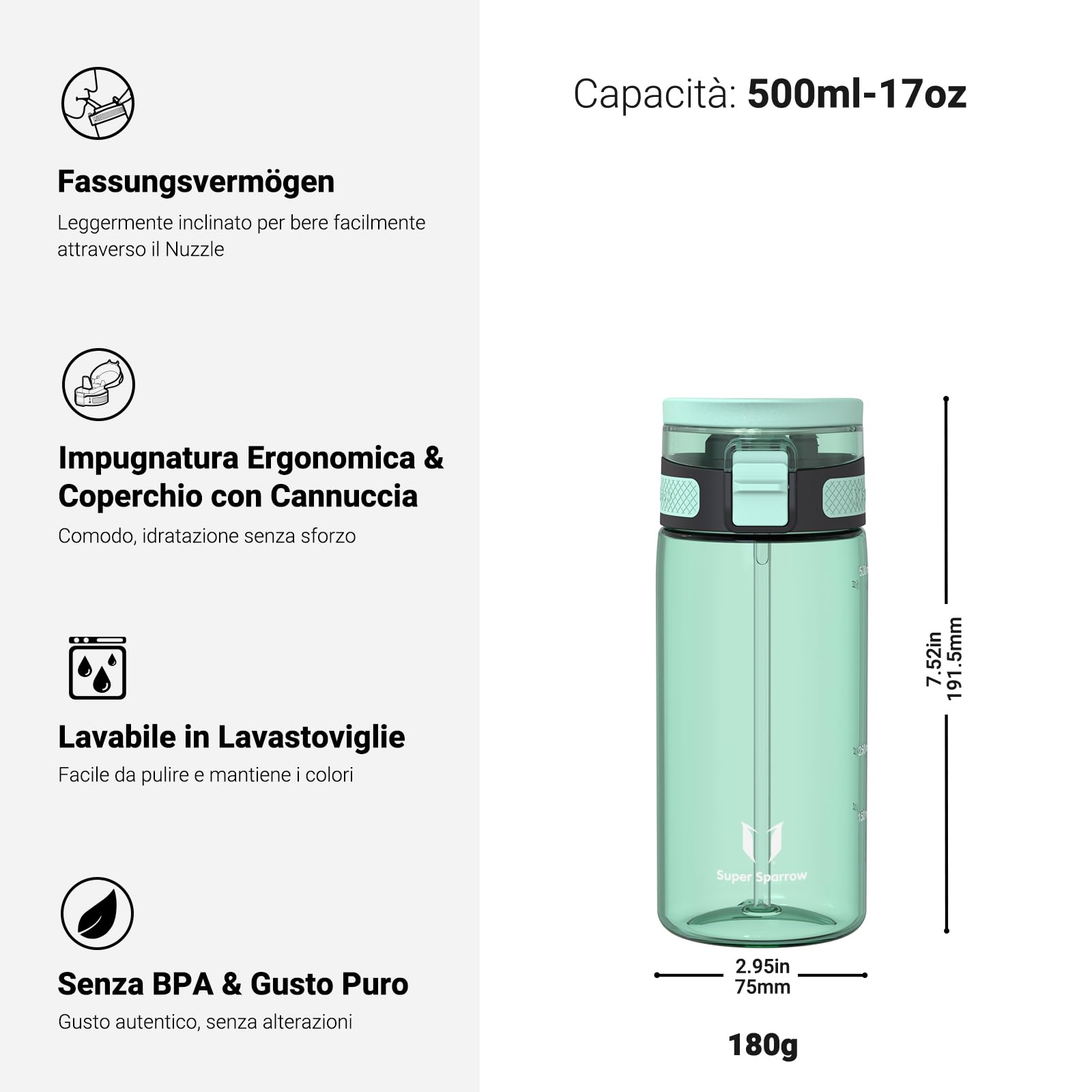 Super Sparrow Borraccia - TouchSip Sportiva Bottiglia - 500ml/750ml/1L - Tritan Senza BPA, a Prova di Perdite - Borracce con Cannuccia Ideale per Scuola e Sport
