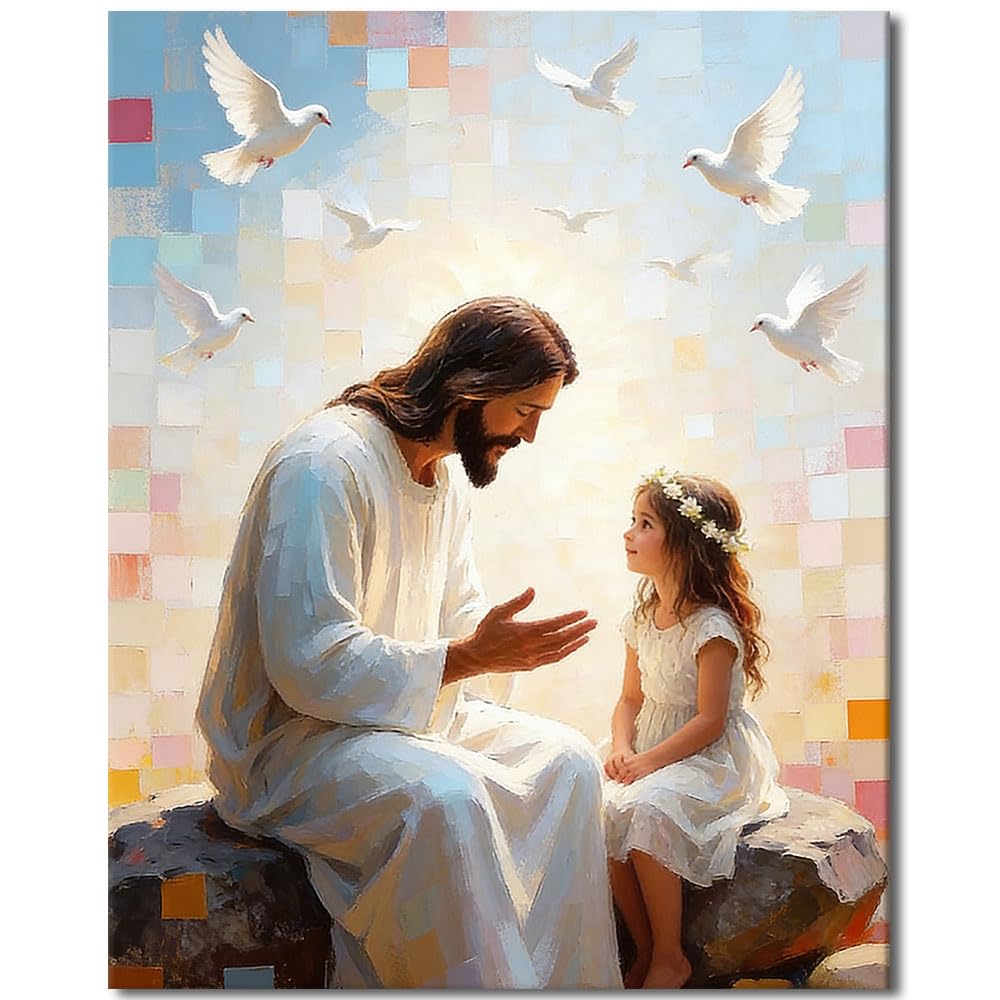 TISHIRON Paint by Numbers Kit for Adults, Adult Paint by Number - Heartwarming Jesus Telling a Story to Little Girl, Inspirational Religious Art Canvas Painting(16x20 Inch)