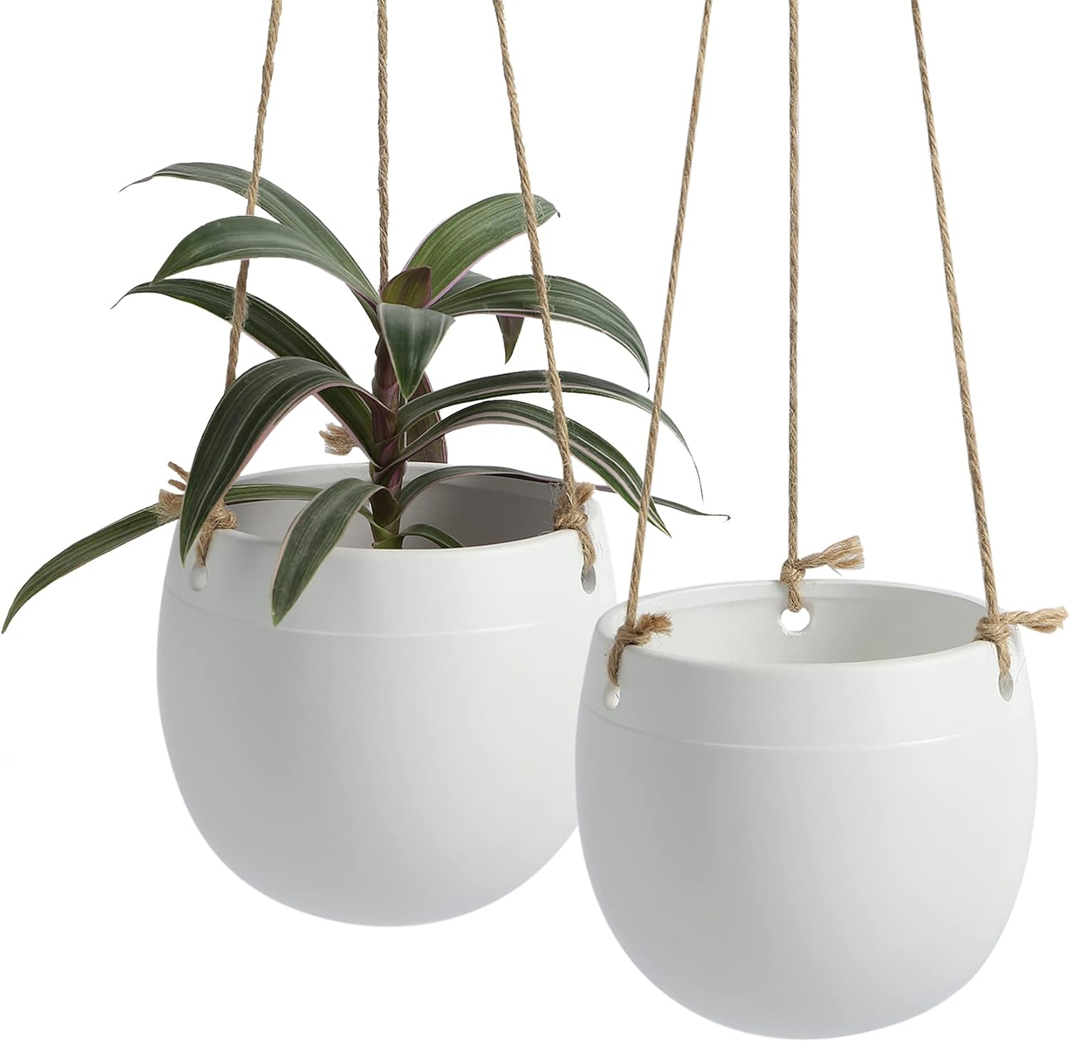 POTEY Ceramic Hanging Planters Plant Pots 056801 5.3 Inch Indoor Hanging Pots Round Plant Holder Home Decor with Jute Rope for Succulents Herbs Ivy Ferns Crawling Plants Small Plants(Set of 2)