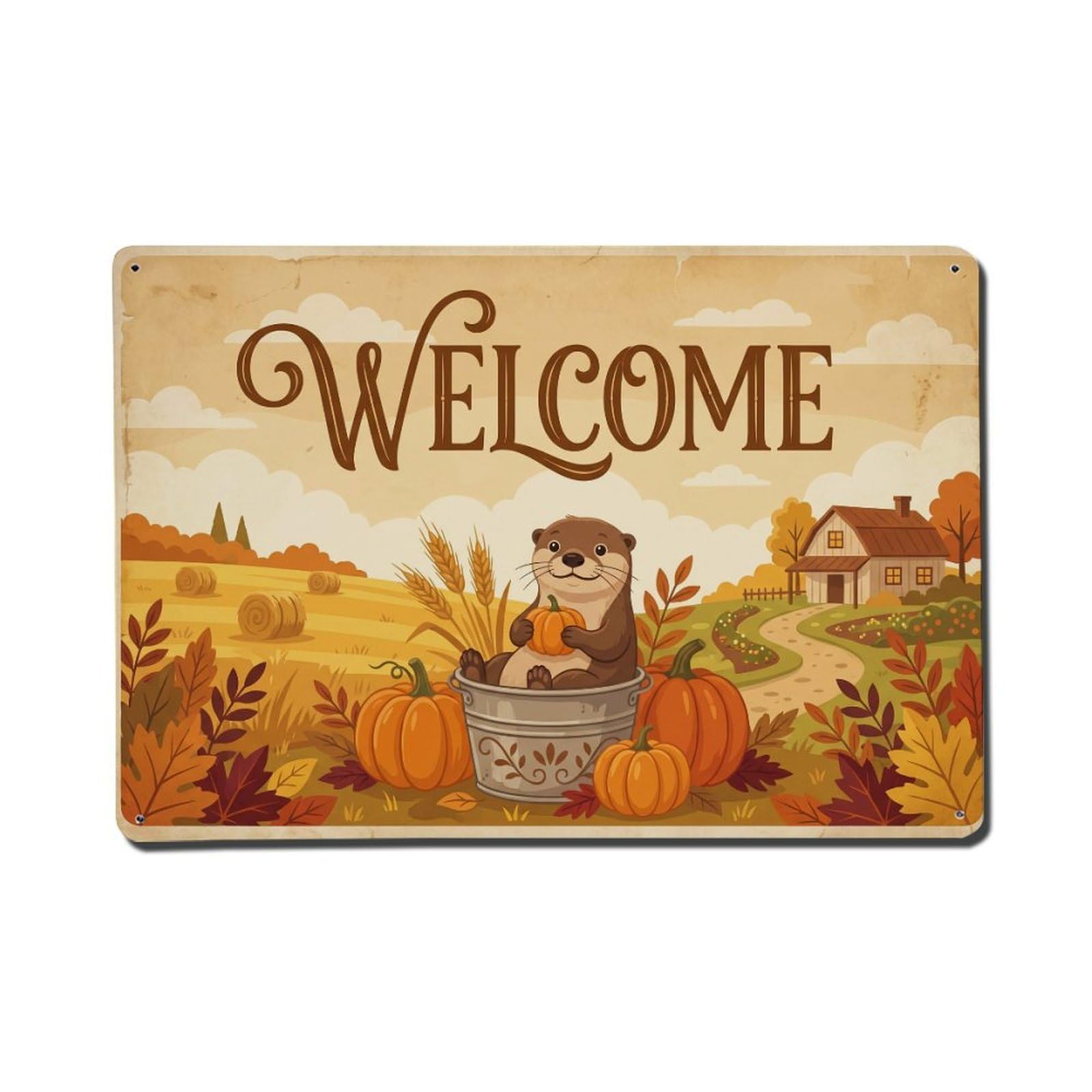 Vintage Welcome Otter Autumn Leaves Metal Tin Sign