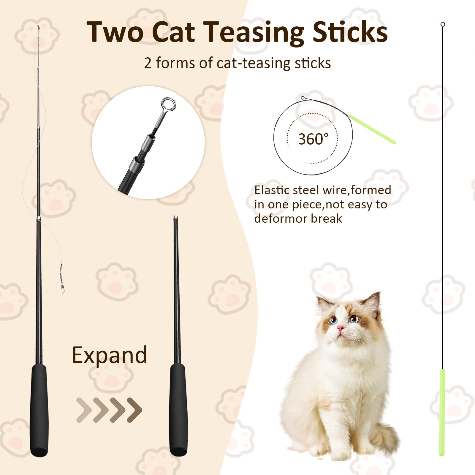 GeeRic Interactive Cat Teaser Toys Set, 14PCS Feather Toys & Furry Caterpillar Toys with Choker, Flexible Poles - Image 3