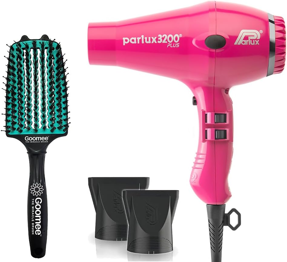 Parlux 3200 Plus Fuchsia Hair Dryer and Miracle Large Detangling Brush Mint Green – Professional Blow Dryer and Anti-Frizz Hair Brush with Nylon and Boar Bristles for Smooth, Shiny Hair