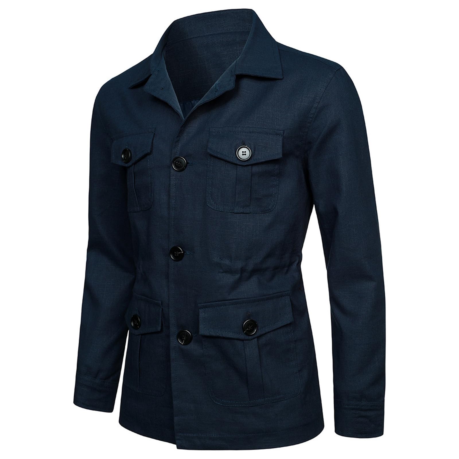 Veste De Safari Légère pour Hommes Lin Décontracté Boutonné Multi-Poches Manteau Cargo Outwear