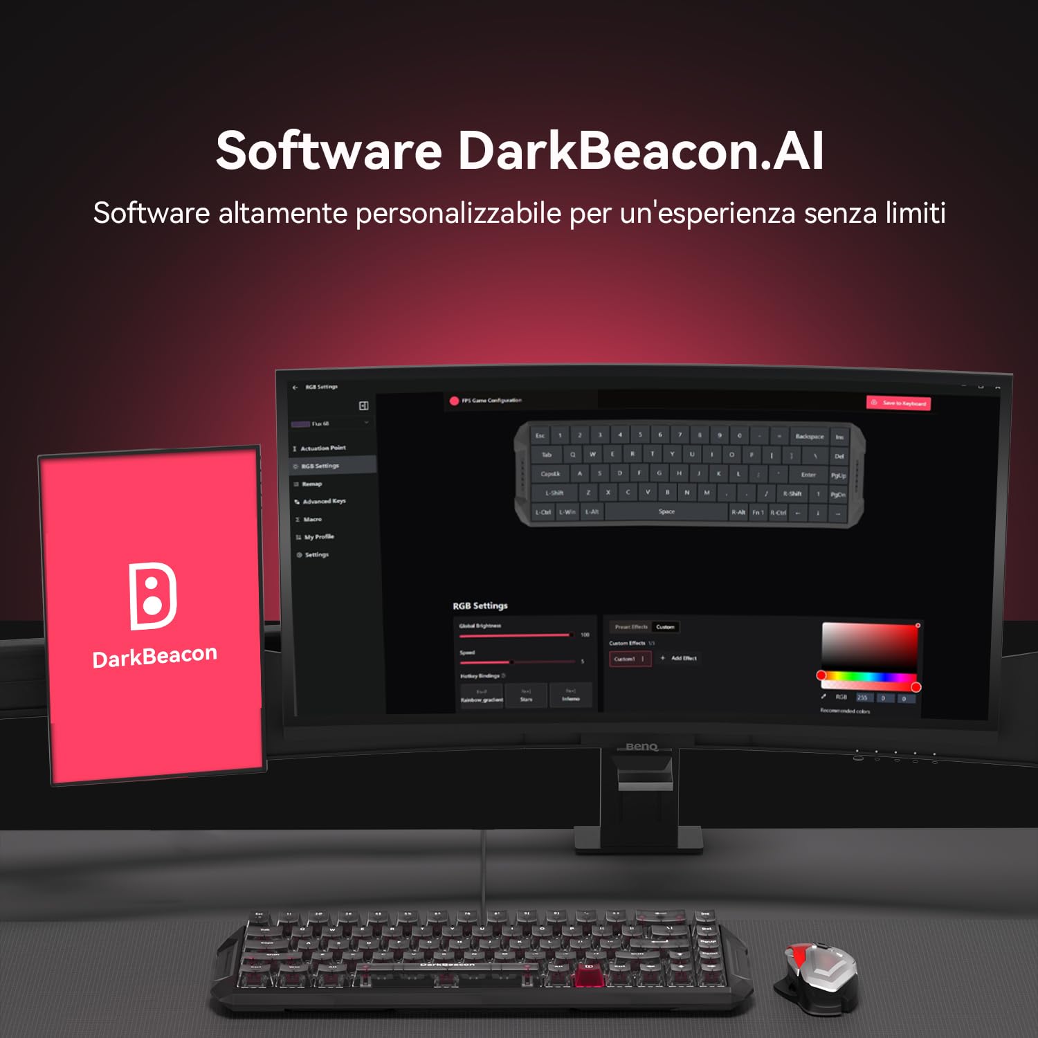 DarkBeacon Flux68 HE Tastiera Gaming Rapid Trigger con Precisione RT di 0,01mm, Software IA, 8000Hz, Switch Magnetici, Attuazione Regolabile, Snap Tap/DKS, Tastiera RGB cablata al 65% per PC/Mac