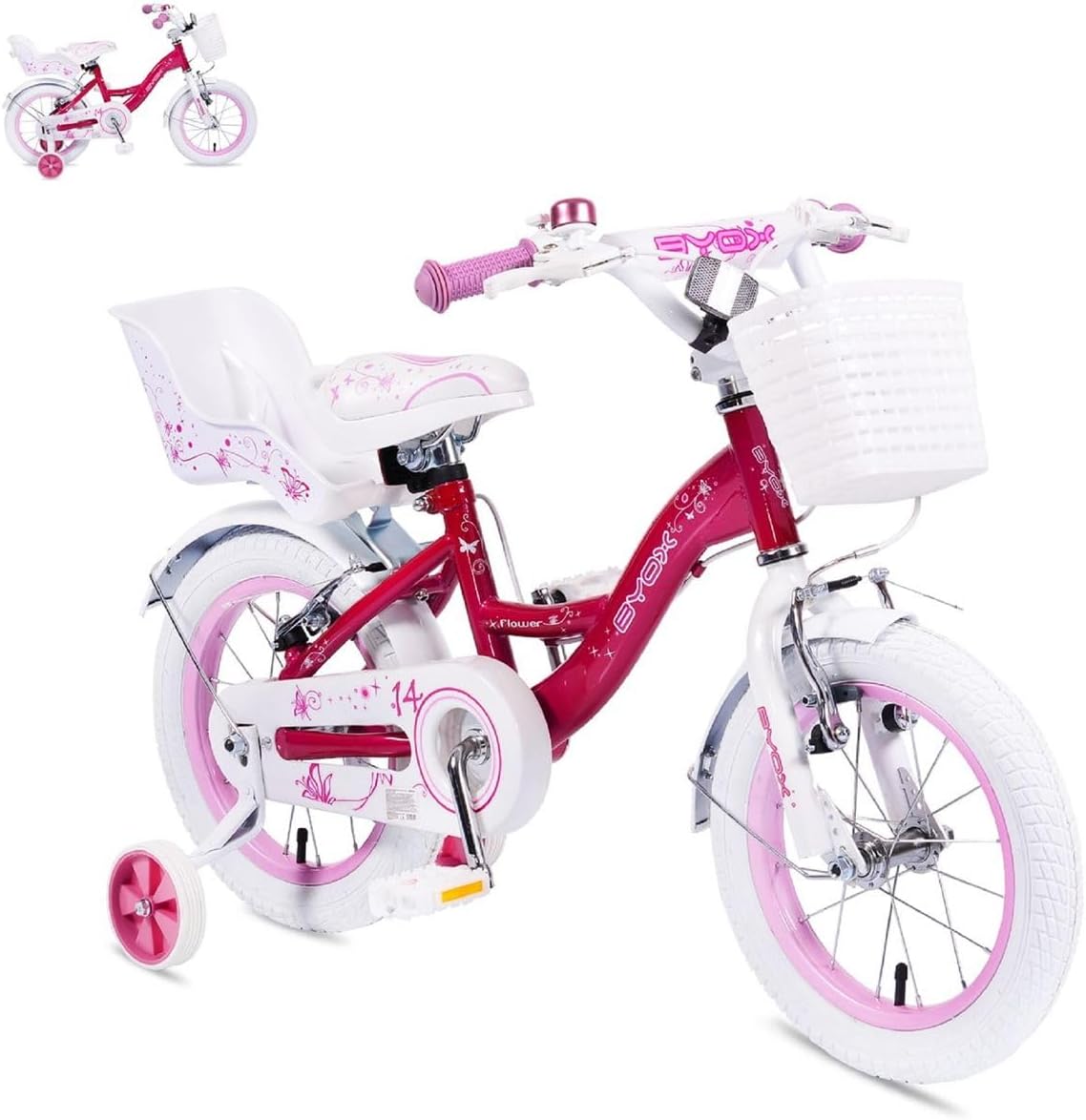 Byox 14-inch Flower Kids' Bicycle with training wheels, front basket, and doll seat