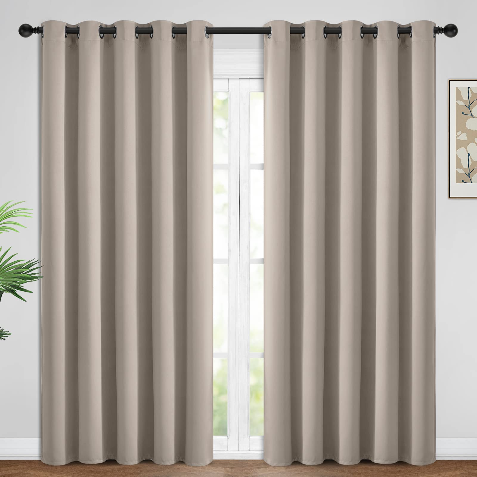Yakamok Blackout Curtains Room Darkening Thermal Insulated Window Panels Solid Grommet Curtains for Bedroom/Living Room (62W x 96L, Natural, 2 Panels) — image 1