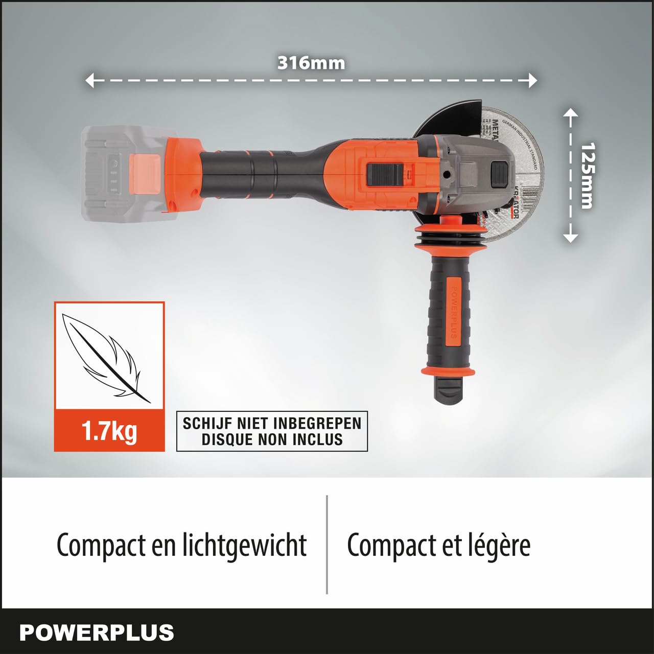 Powerplus Dual Power akumulatorowa szlifierka kątowa POWDP35170 40 V, tarcza ścierna Ø 125 mm, kompaktowa i ergonomiczna szlifierka - bez baterii i ładowarki