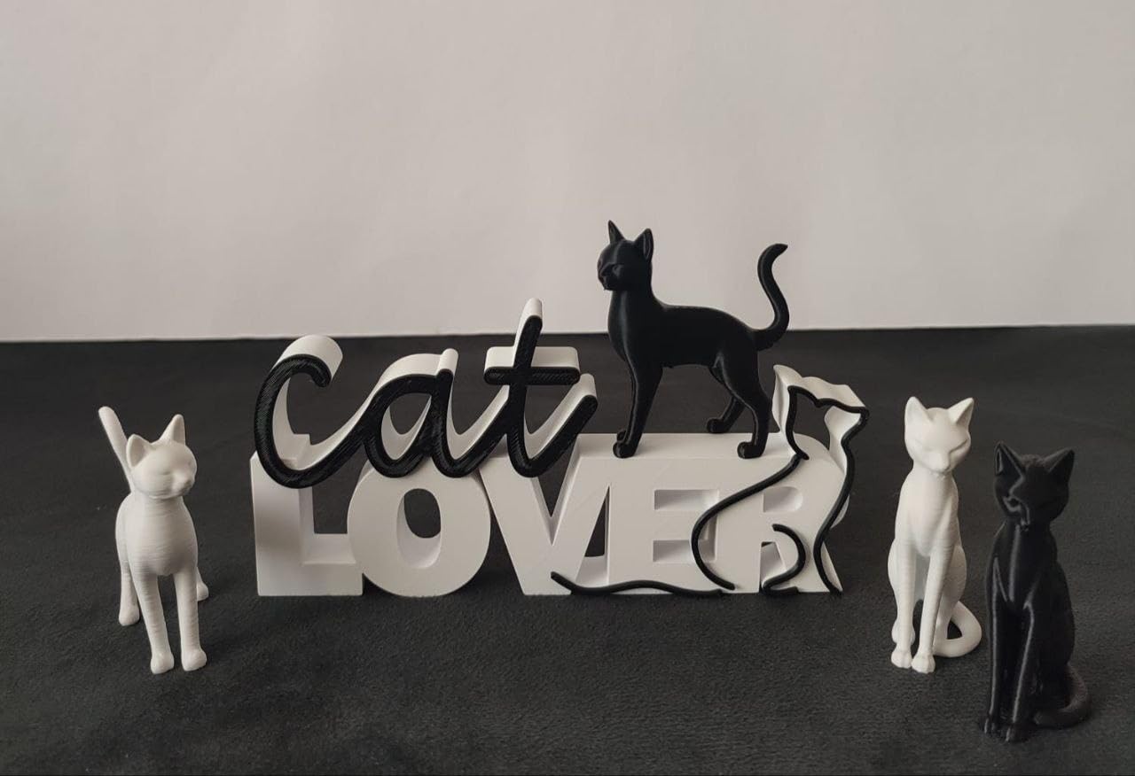 Cat Lover Dekoratif, Kedi Figürlü Yazı Süsü, Siyah Beyaz, Ev Dekorasyonu