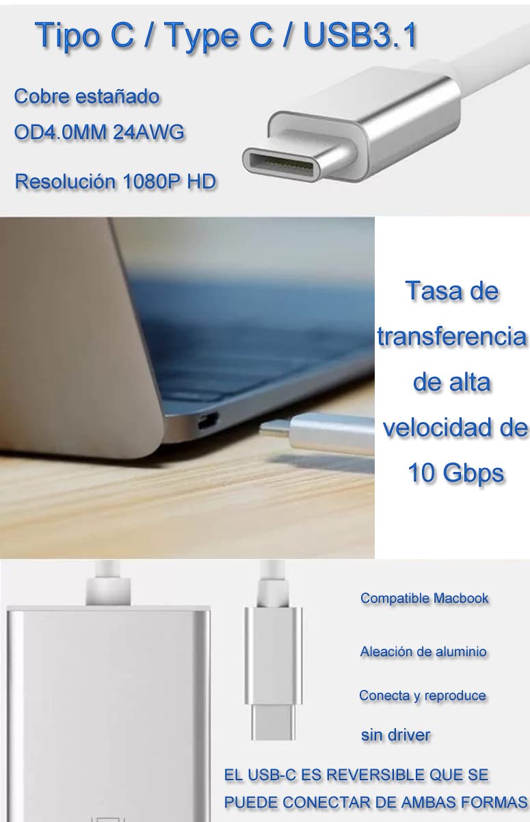 D.Square- Adaptador USB C a VGA 10cm, Macho a Hembra, Convierte la Señal Digital USB-C a Señal VGA, Compatible con iMac, MacBook Air, Google Chromebook Pixel, Lenovo, DELL, HP, Acer.