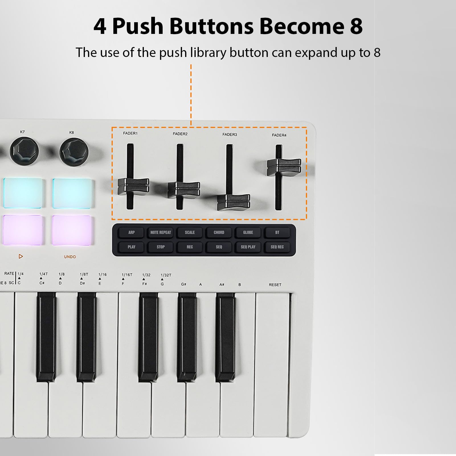 Btuty MIDI Controller 37 Tasten, MIDI Keyboard mit 16 RGB Drum Pads, 8 Reglern & 4 Fadern, BT MIDI, USB Musikproduktionscontroller für DAW, Windows, Mac, iOS & Android