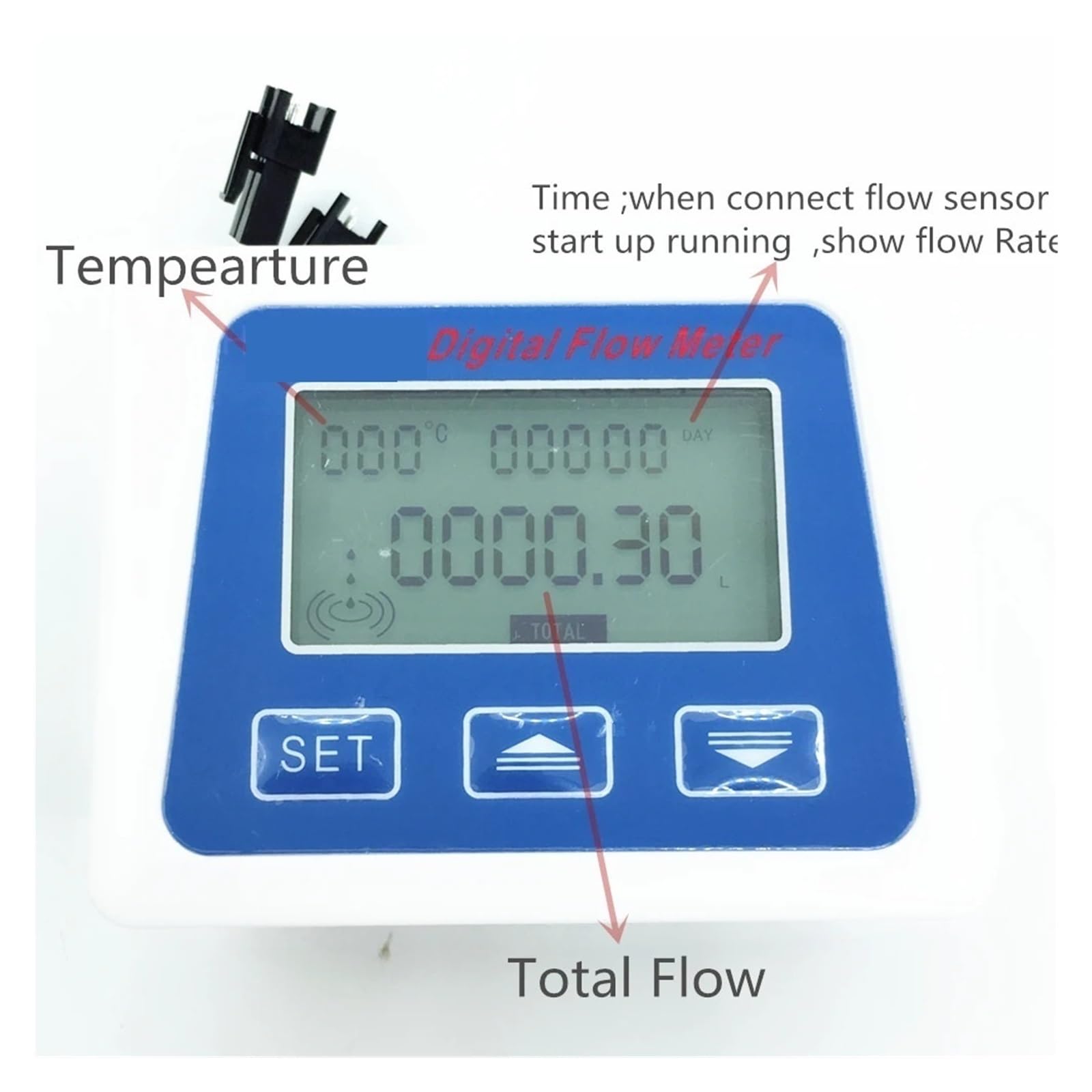 Pantalla LCD Digital Sensor de Flujo de Agua medidor de Flujo totalímetro con Flujo de turbina de 3/8 "/1/4" medidor de Trabajo de batería HaiHuiLai para Agua Líquida, Diésel(3-8 Quick fit)