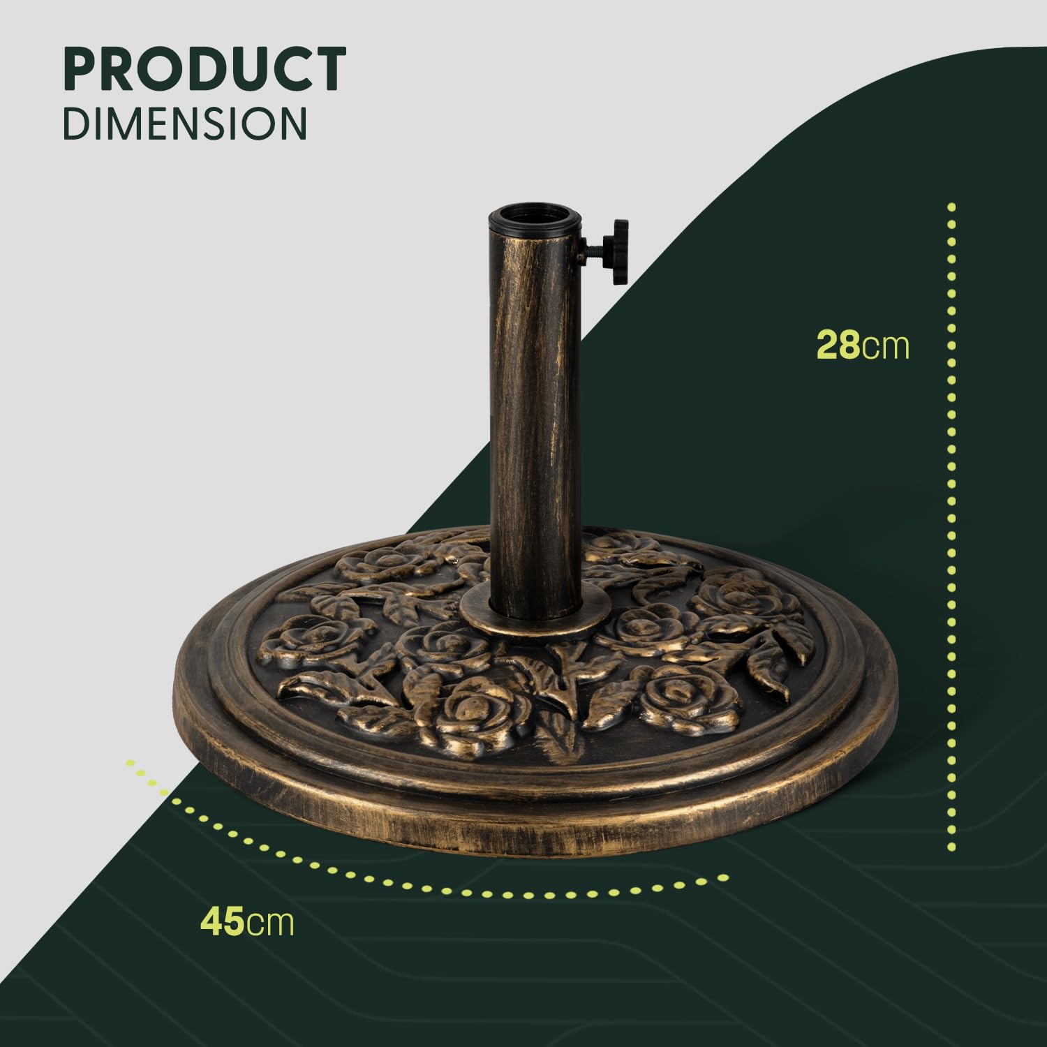 KEPLIN 9kg Cast Iron Effect Parasol Base with Floral Pattern – Heavy Duty Garden Patio Furniture Stand for Umbrella, Canopy, Gazebo, Awning etc. – Diameter 45mm (9kg, Bronze) — view 2
