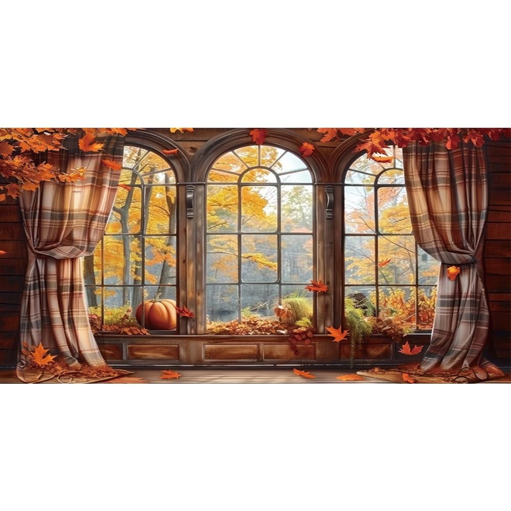 Vie Savaran 12x6ft Fall Backdrop Autumn Window Scenery Pumpkins Maple Leaves Forest Vintage Wooden Window Photography Background Thanksgiving Party