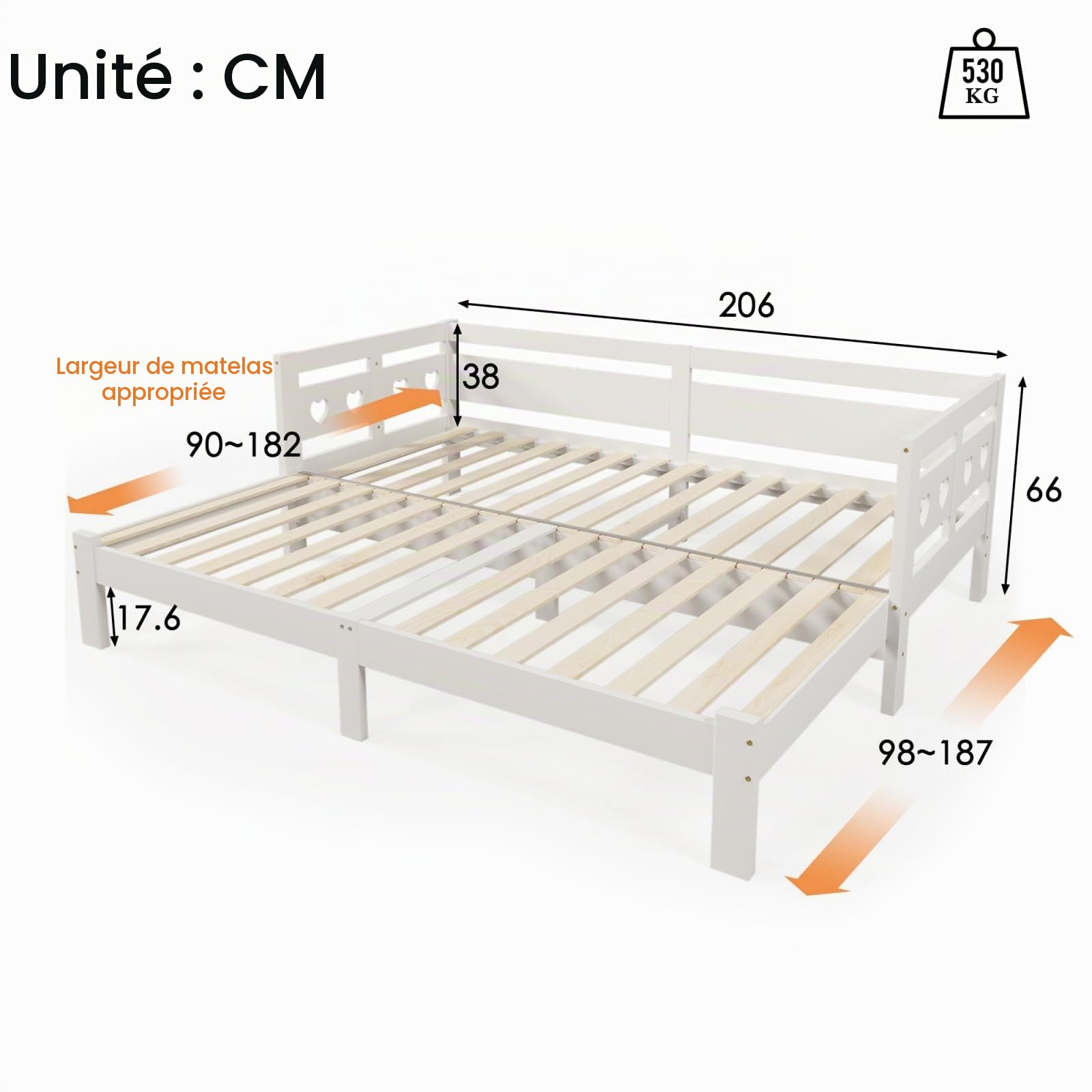 KOMHTOM Lit en Bois de Jour avec Clôture de Sécurité,Extensible Cadre de lit Sommier à Lattes en Bois, Chambres à Coucher(sans Matelas) (Blanc, 90-182x200CM)