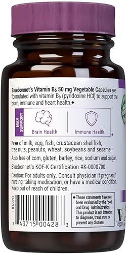 Miniatura 3 de Bluebonnet Nutrition Vitamina B6 Cápsulas vegetales 50 mg para la salud del sistema cardiovascular y nervioso sin soja sin gluten Kosher sin lácteos