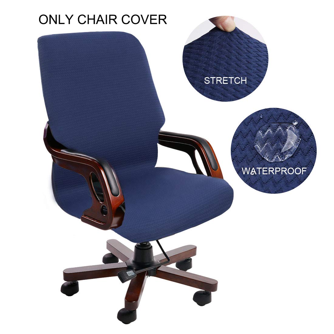 PiccoCasa Durable Stretch Waterproof Office Chair Cover,Elegant Wave Jacquard Pattern High Back Computer Chair Slipcovers for Universal Rotating Boss Chair with Armrest Medium Size Navy Blue