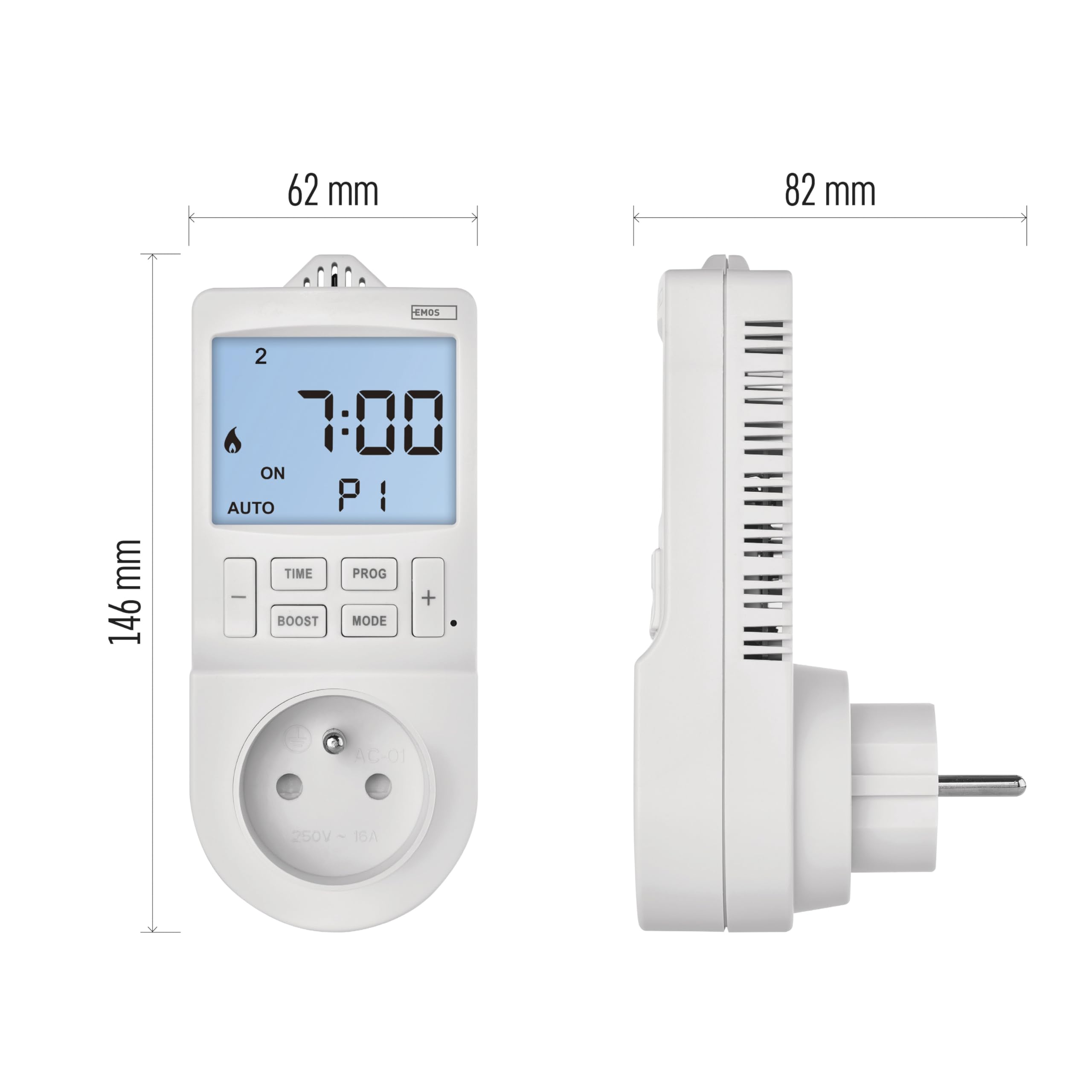 EMOS 2en1 Thermostat de prise et minuterie, régulateur de température ambiante numérique et prise de courant minuterie pour chauffage et refroidissement, radiateur, chauffage infrarouge, aquarium