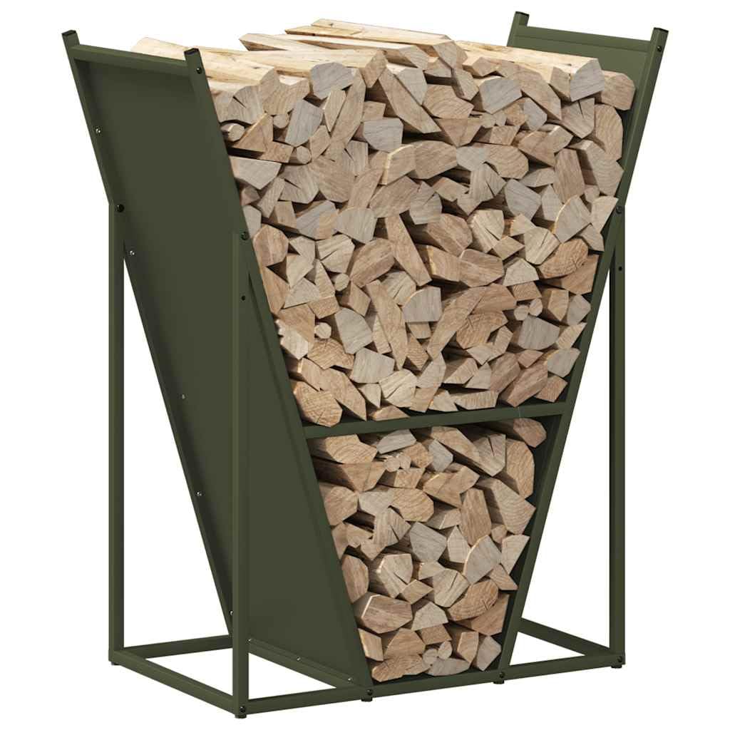 Brennholzregal Olivgrün aus kaltgewalztem Stahl 69,5x35x81 cm, Feuerholzständer mit großer Traglast, Holzkorb zur Scheitholzablage für Kamin, Ofen, Terrasse, Garten, Innen- und Außenbereich