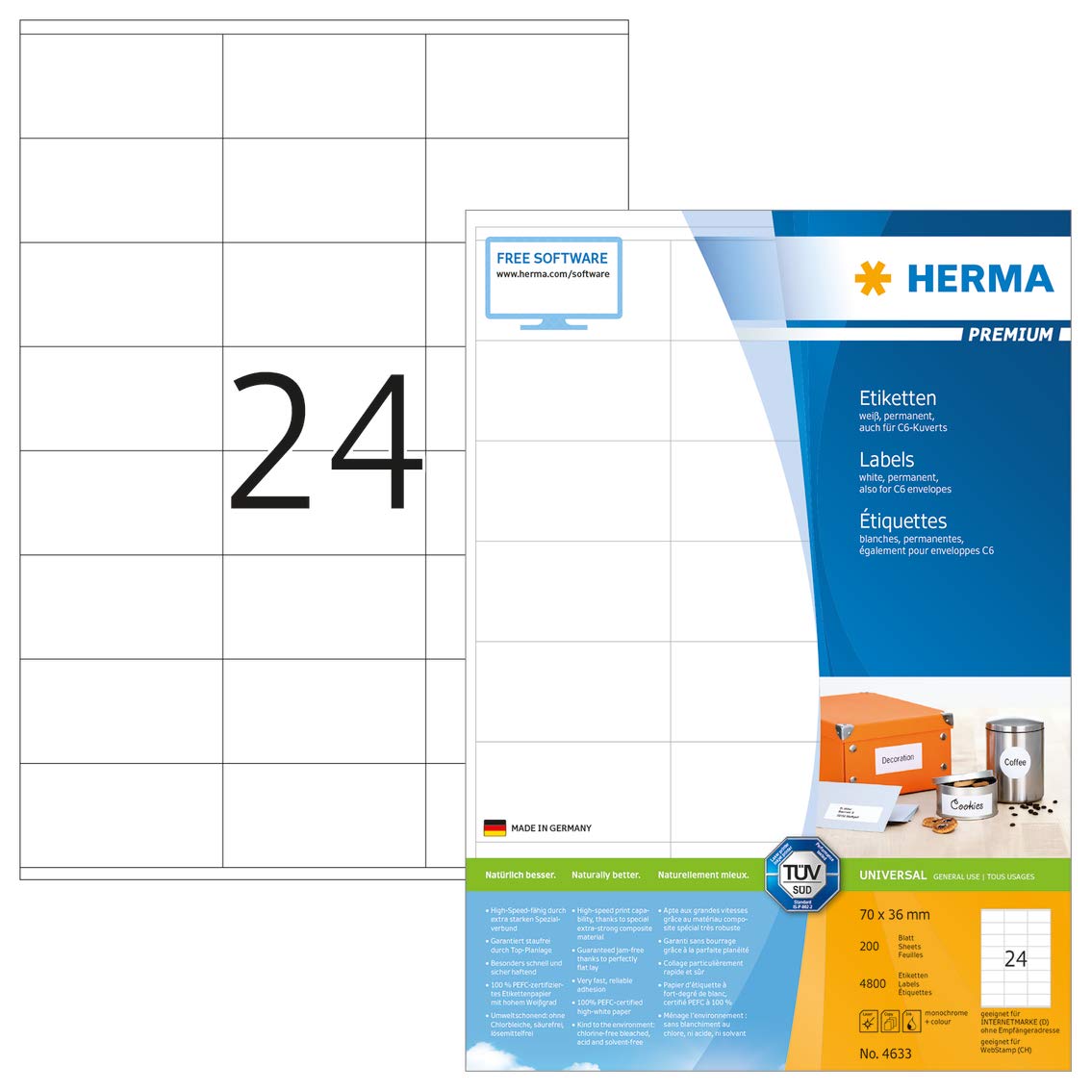 HERMA Etikett, Inkjet/Laser/Kopierer, selbstklebend, 70 x 36 mm, weiß (4.800 Stück), Sie erhalten 1 Packung á 4800 Stück