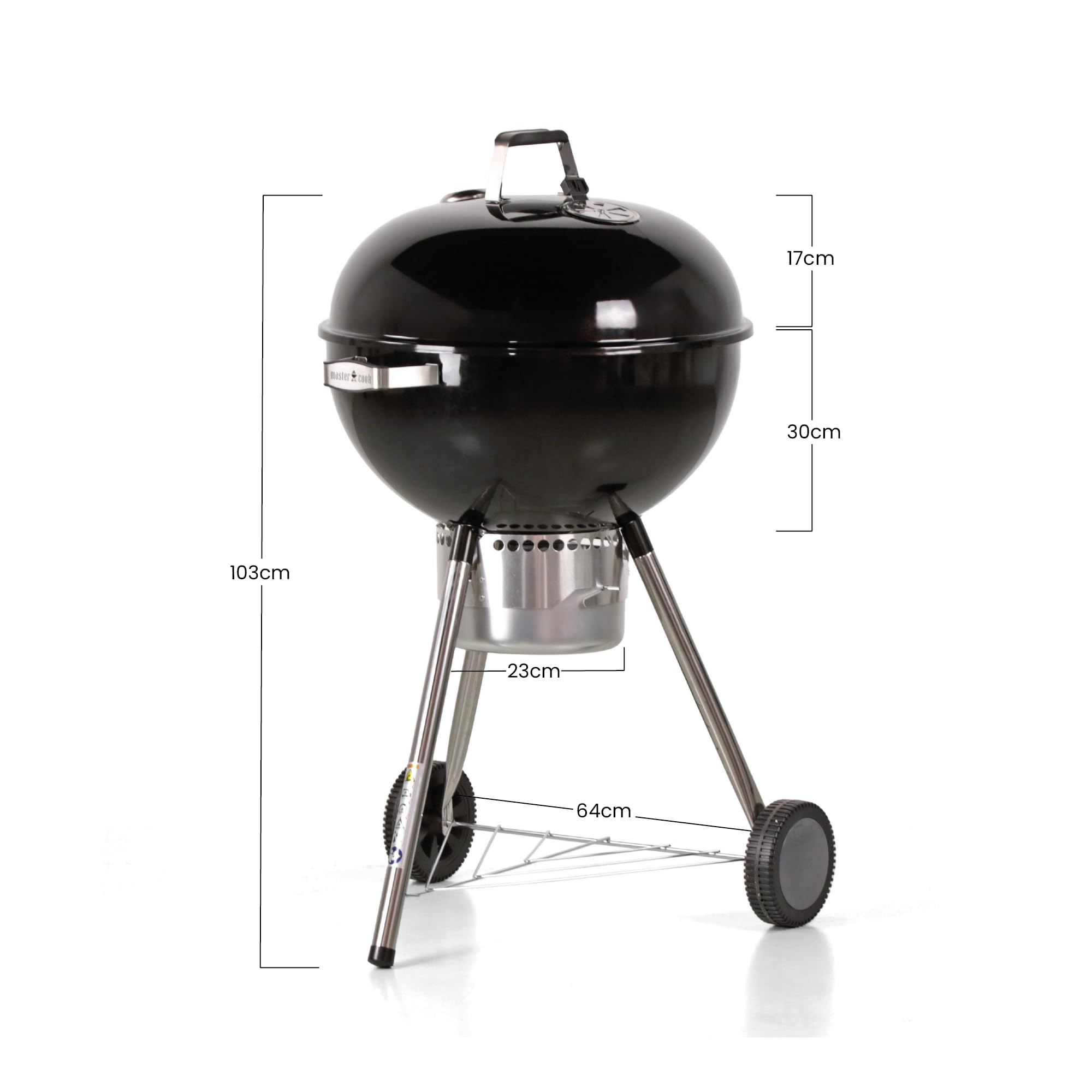 MasterCook - Barbecue a Carbonella Diametro Griglia 57 cm, Barbecue con Ruote e Coperchio, BBQ a Carbone Dotato di Termometro e Sistema Raccogli Cenere, Altezza Griglia da Terra 78 cm (Ketty Nero)