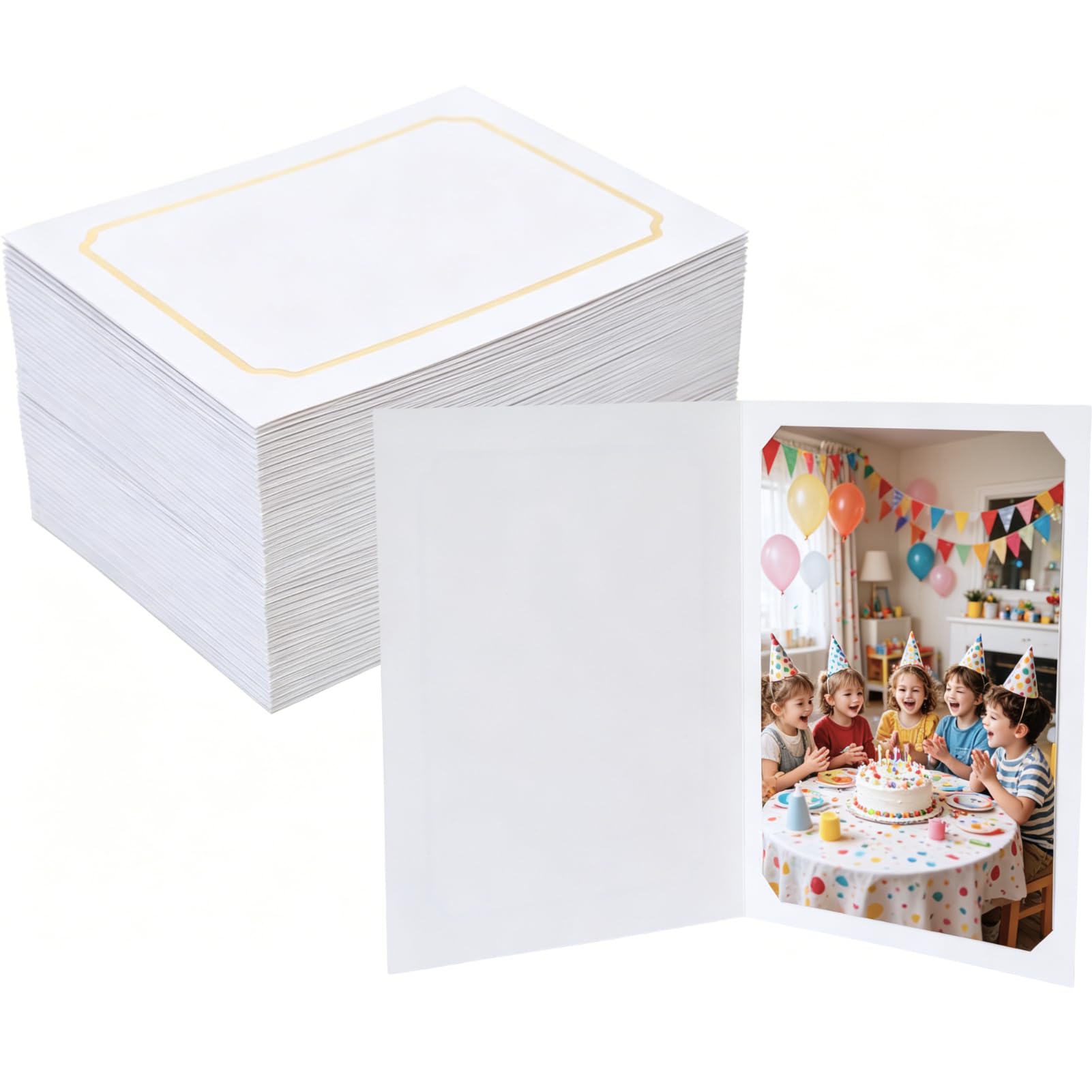 Photo 1 of 150 Pack Photo Folder Frame for 4x6 or 5x7 Pictures, Paper Picture Frames Bulk, Cardboard Photo Frames,Great for Graduation Father's Day Back to School Wedding Birthday Classroom Craft DIY(White with Gold Trim)