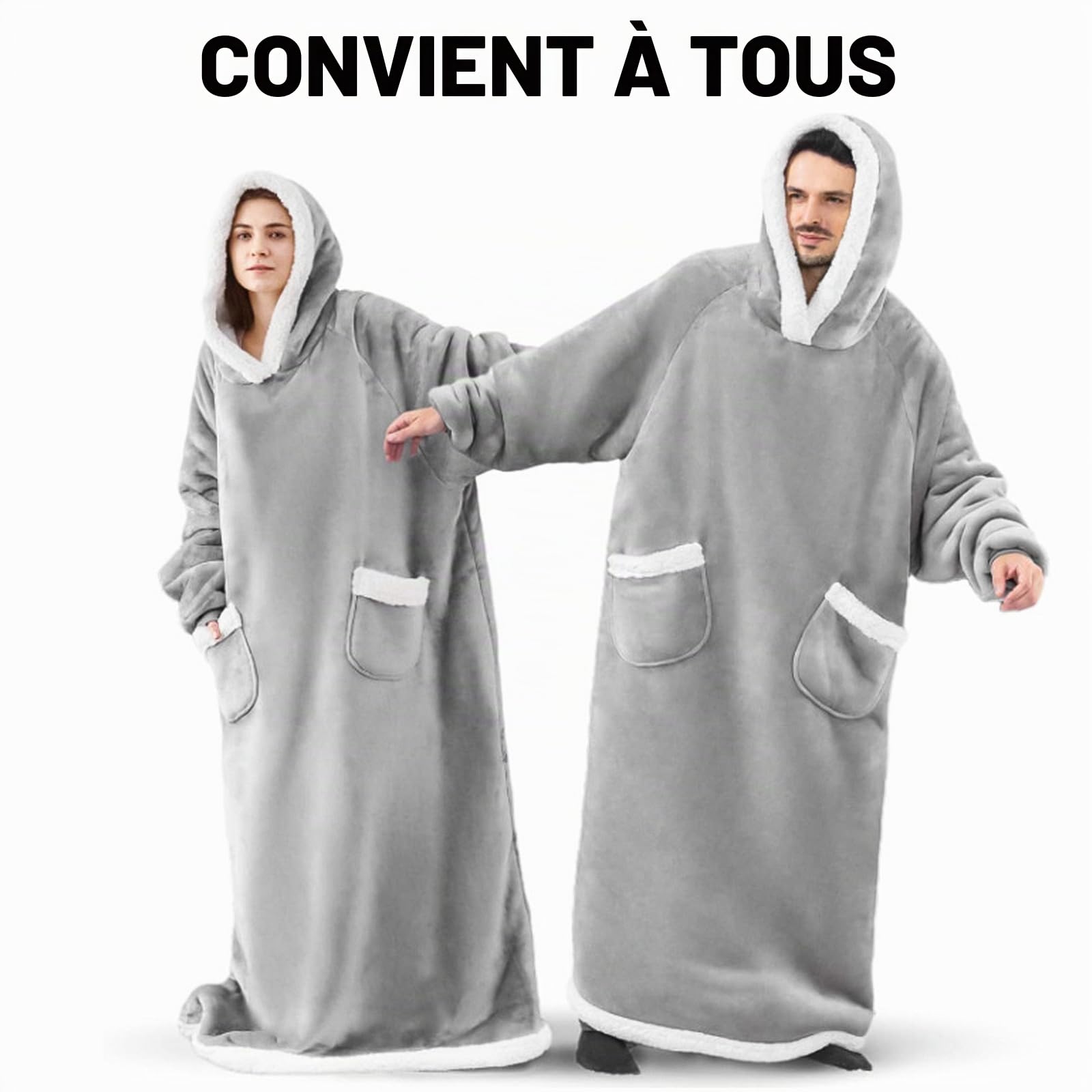 Emwwat Couverture à capuche extra longue surdimensionnée en Sherpa pour homme et femme, couverture à capuche prête-à-porter avec manches et poche géante (gris, 150 cm de long)