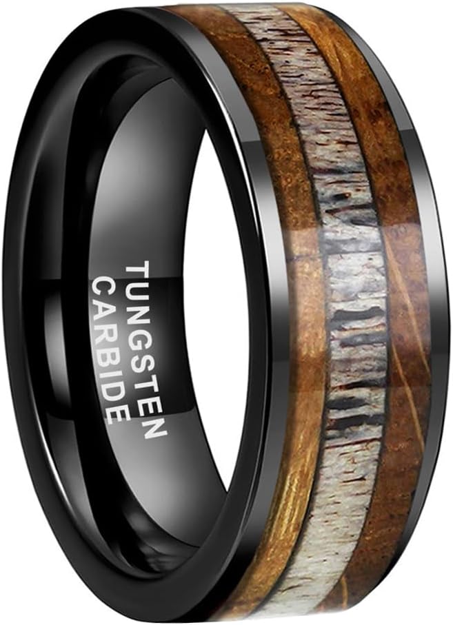 TUTISS 8mm Silver Black Tungsten Rings for Men Women Wedding Bands Whisky Barrel Wood Deer Antler Inlay Flat Polished Shiny Comfort Fit