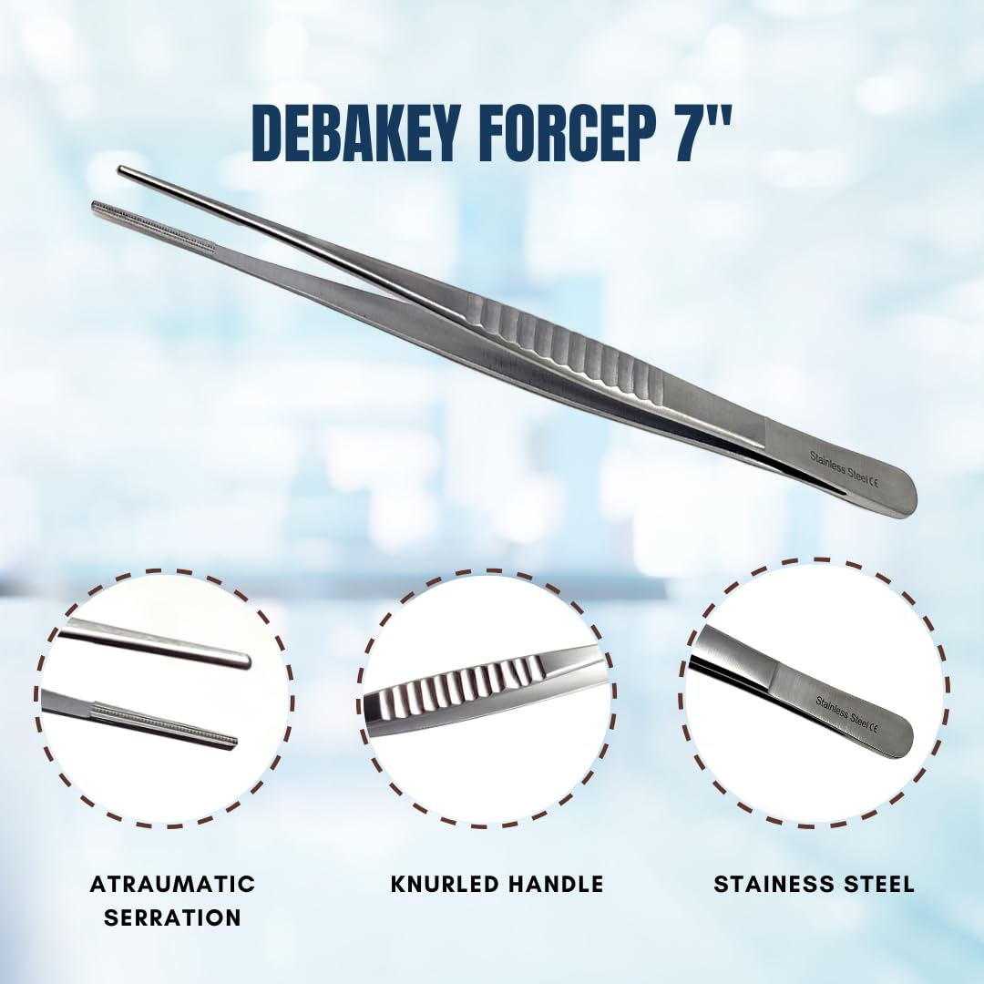 DEBAKEY Artery Atraumatic Tissue Forceps Stainless Steel Serrated Tweezers in Satin Finish for Precision and Lasting Durability (7 Inch)